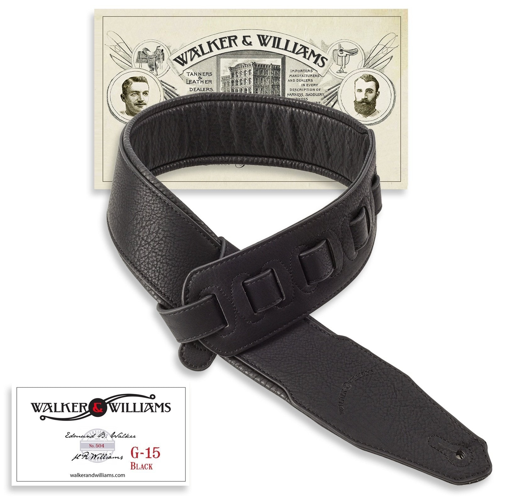 Walker & Williams G-15 Black Leather Natural Texture Guitar Strap With Thick Padding For Acoustic, Electric, And Bass Guitars
