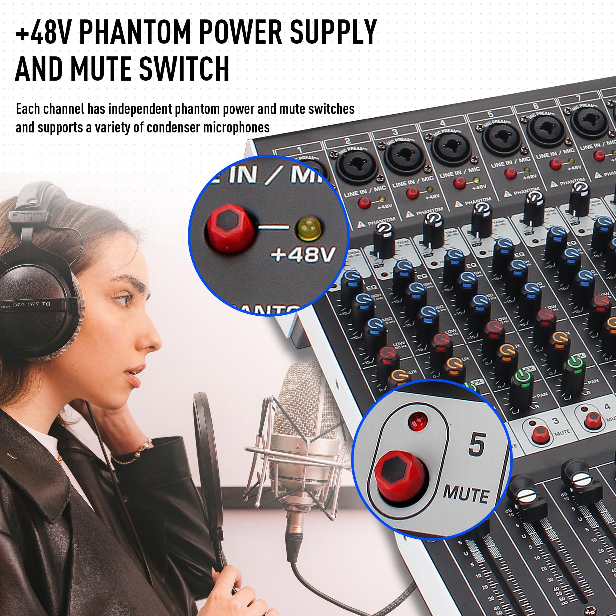 FULODE 12-Channel Bluetooth Studio Audio Mixer 99 Bit DSP Digital Processor w/USB MP3 for PC Recording Input, RCA, XLR Microphon