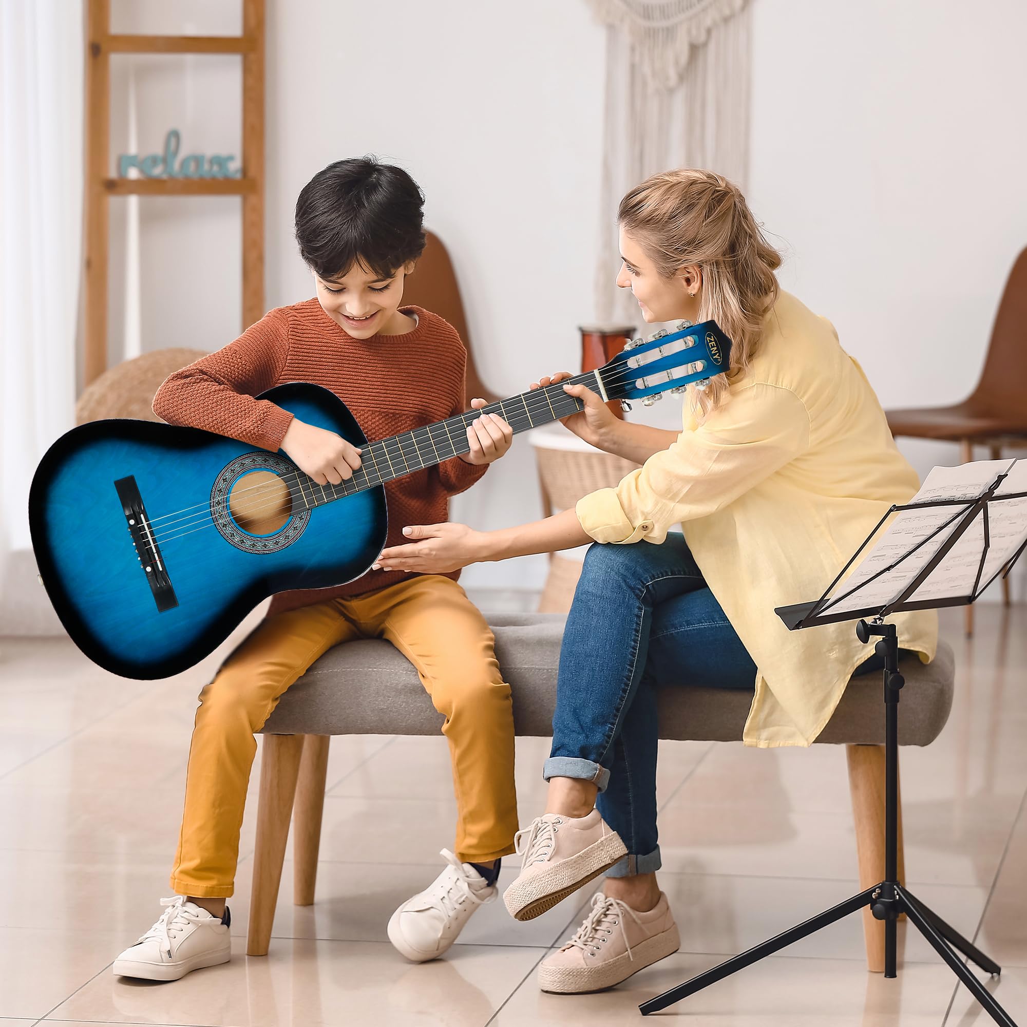 ZENY 38 inch Acoustic Guitar Full Size Beginners Package Kit for Right-handed Starters Kids Music Lovers w/Case, Strap, Pitch Pi