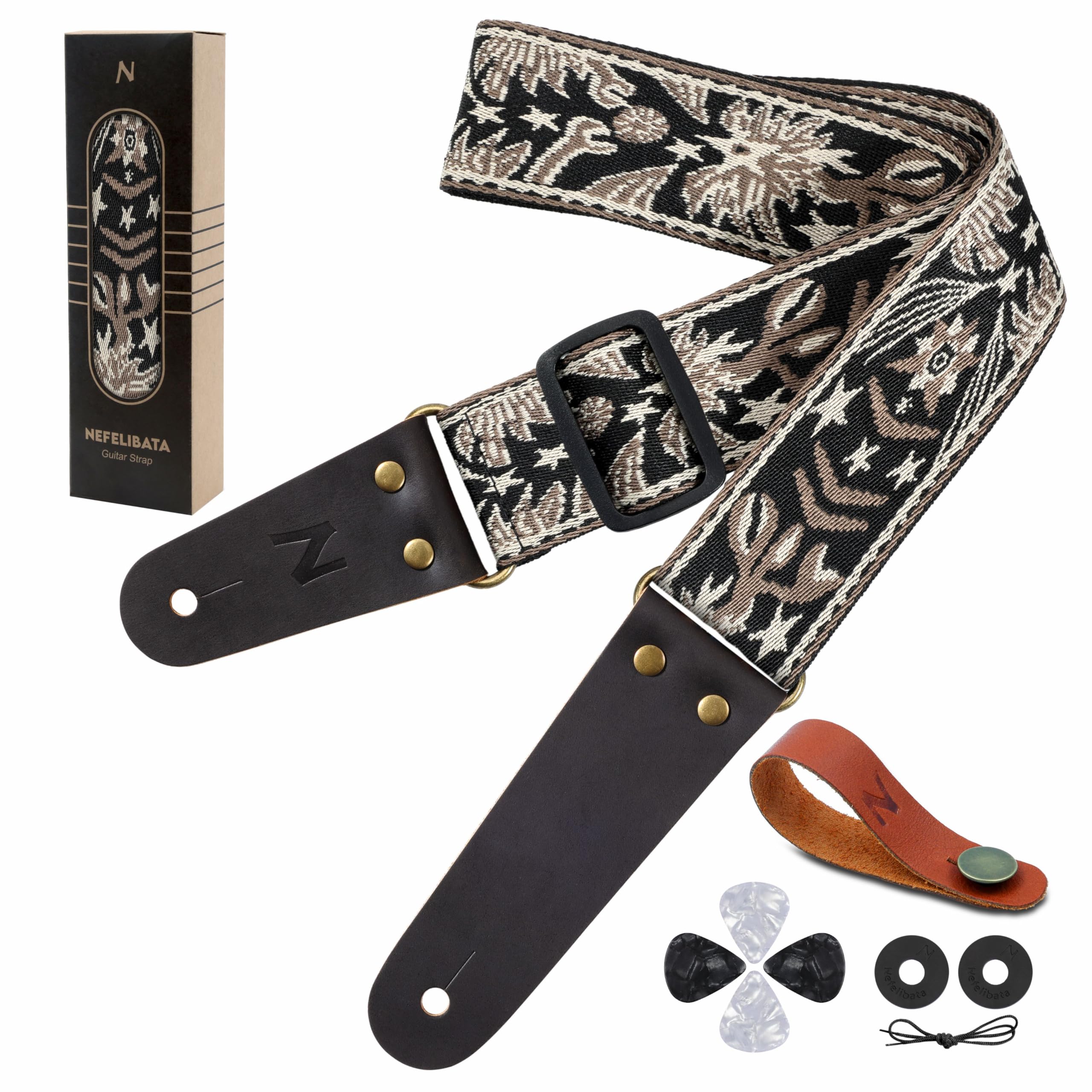 Nefelibata Guitar Strap, 2'' Embroidery Full Grain Leather Ends Guitar Straps With Hidden Pocket, For Bass, Electric And Acousti