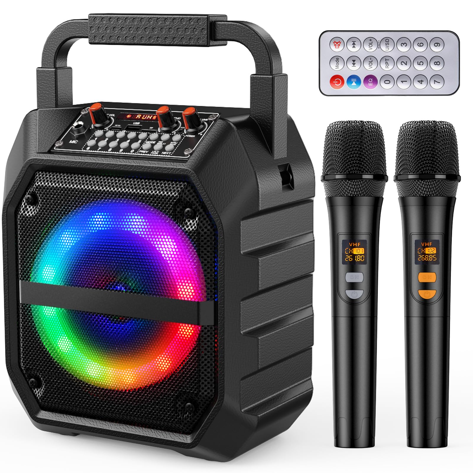 Pkbd Karaoke Machine With Two Wireless Microphones,Portable Bluetooth Speaker With Led Lights, Pa System, Supports Tf Card/Usb F