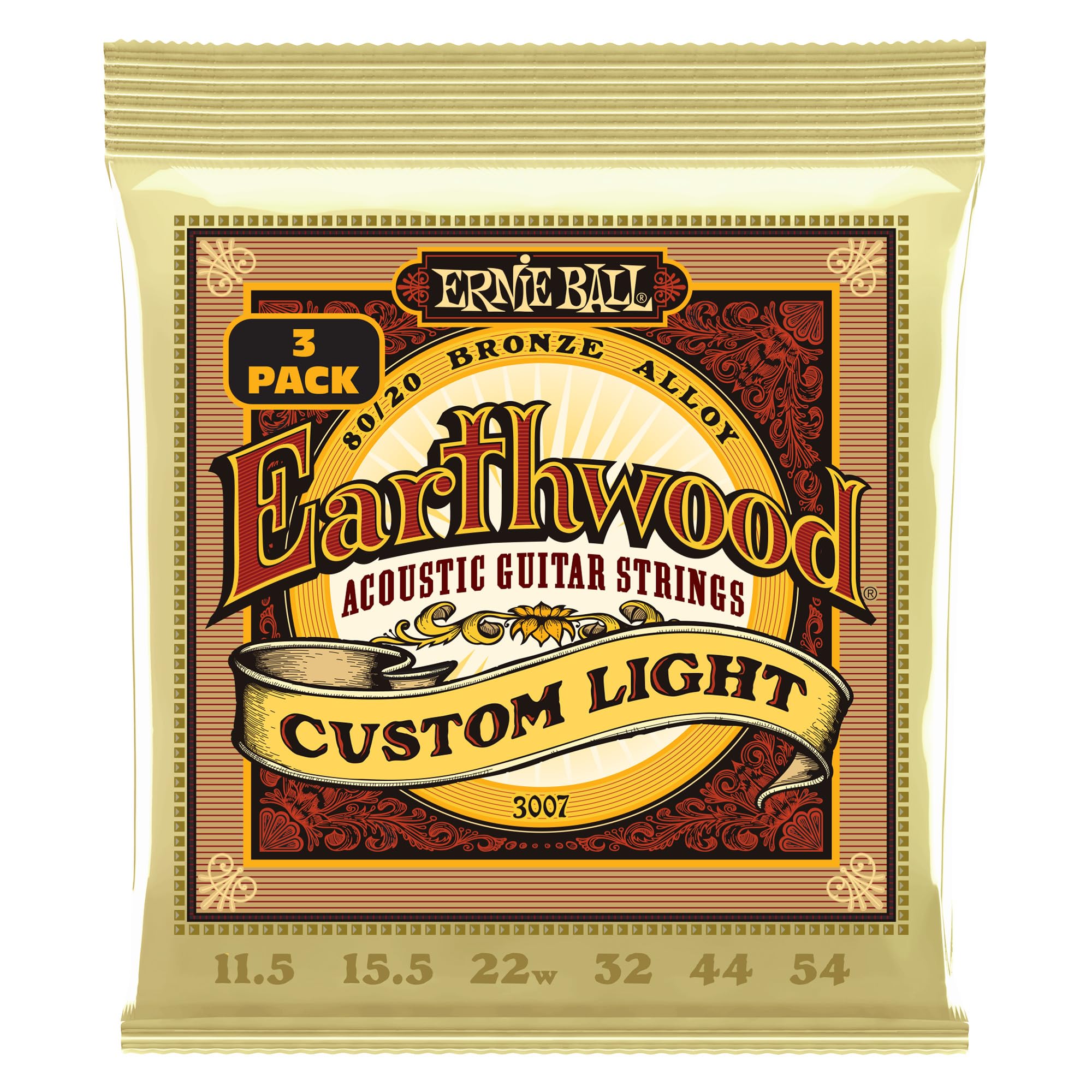 Ernie Ball Earthwood Custom Light 80/20 Bronze Acoustic Guitar Strings, 3-Pack, 11.5-54 Gauge (P02007)