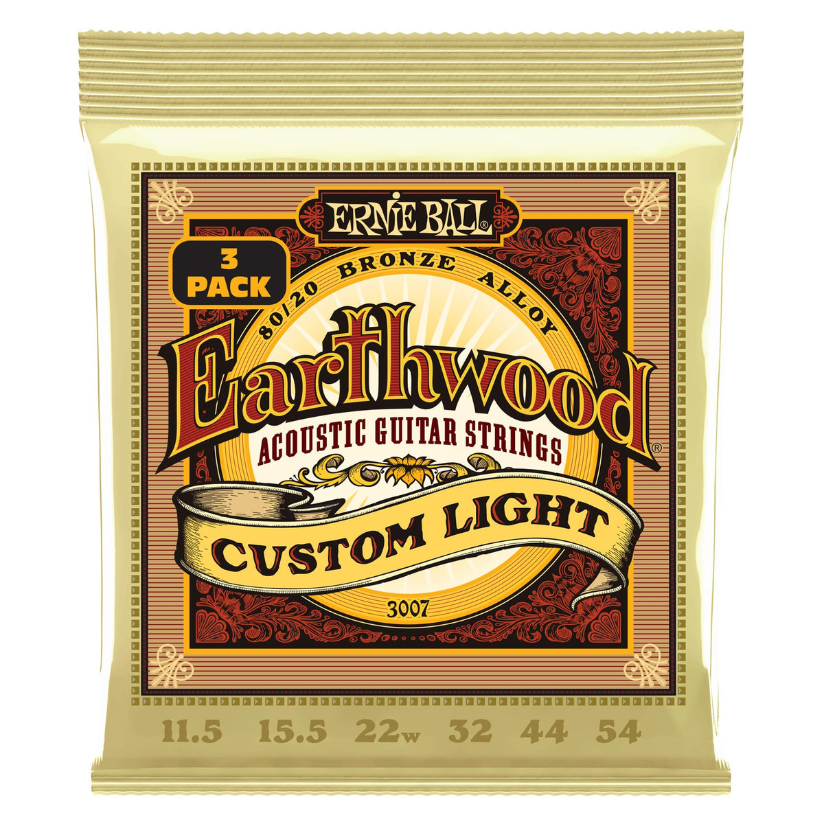 Ernie Ball Earthwood Custom Light 80/20 Bronze Acoustic Guitar Strings, 3-Pack, 11.5-54 Gauge (P02007)
