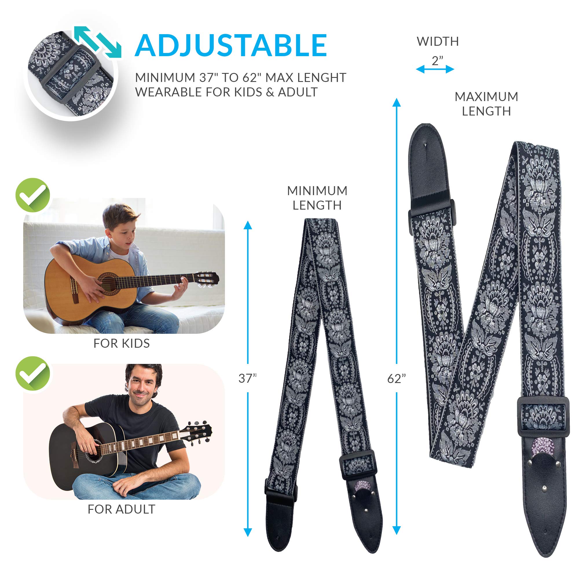 Guitar Strap Royal Black Silver Woven Christmas Gift W/ FREE BONUS- 2 Picks + Strap Locks + Strap Button. For Bass, Electric & A