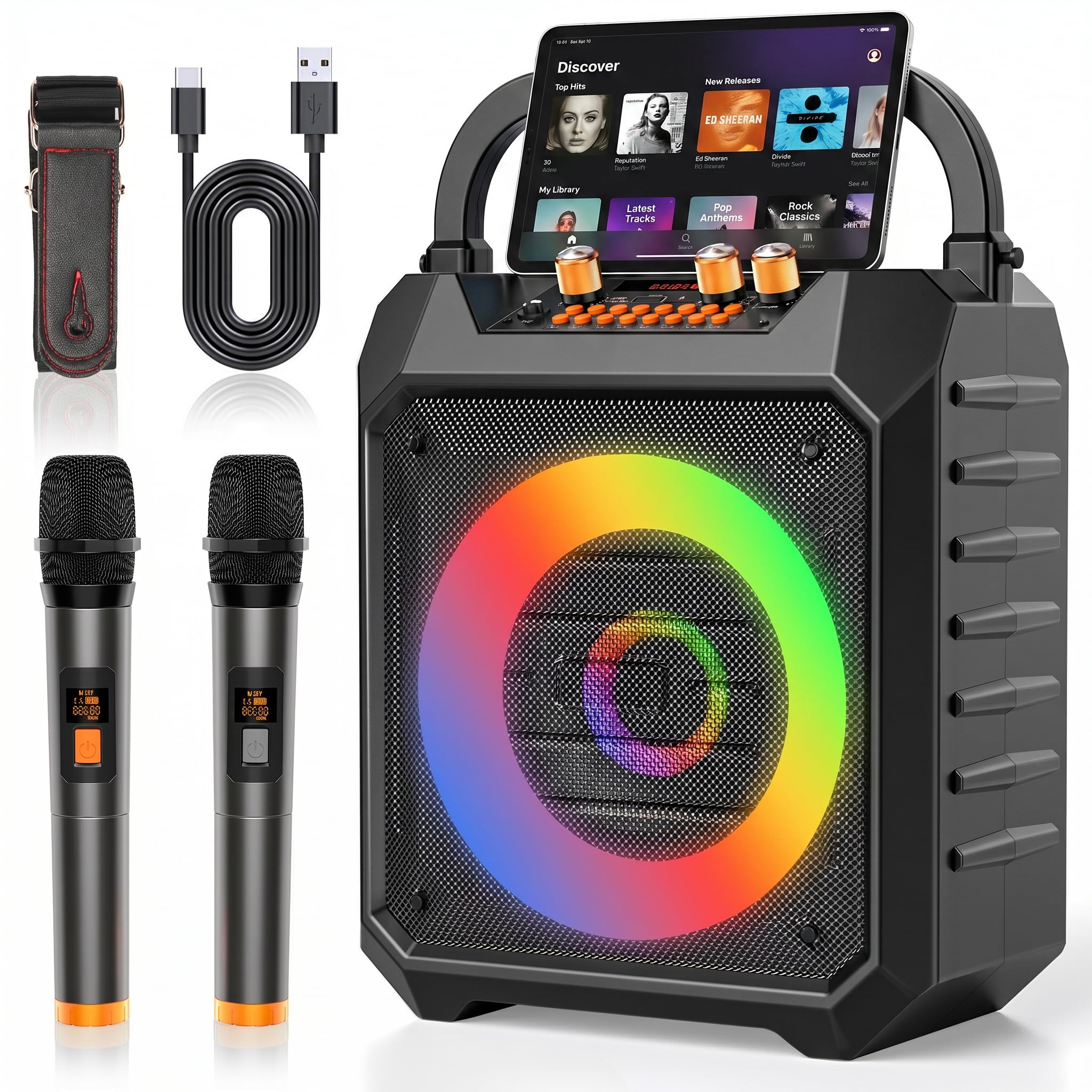 Portable Karaoke Machine Powerful Coaxial with 2 Wireless Mics Bluetooth Karaoke Speaker for Parties,Camping,Support BT/TF/USB/A