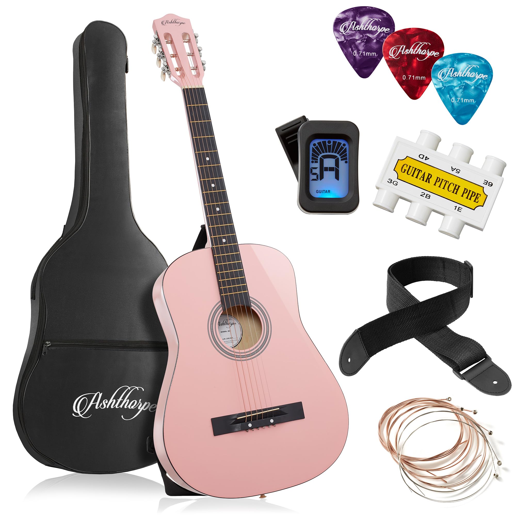 Ashthorpe 38-inch Beginner Acoustic Guitar Package (Pink), Basic Starter Kit w/Gig Bag, Strings, Strap, Tuner, Picks