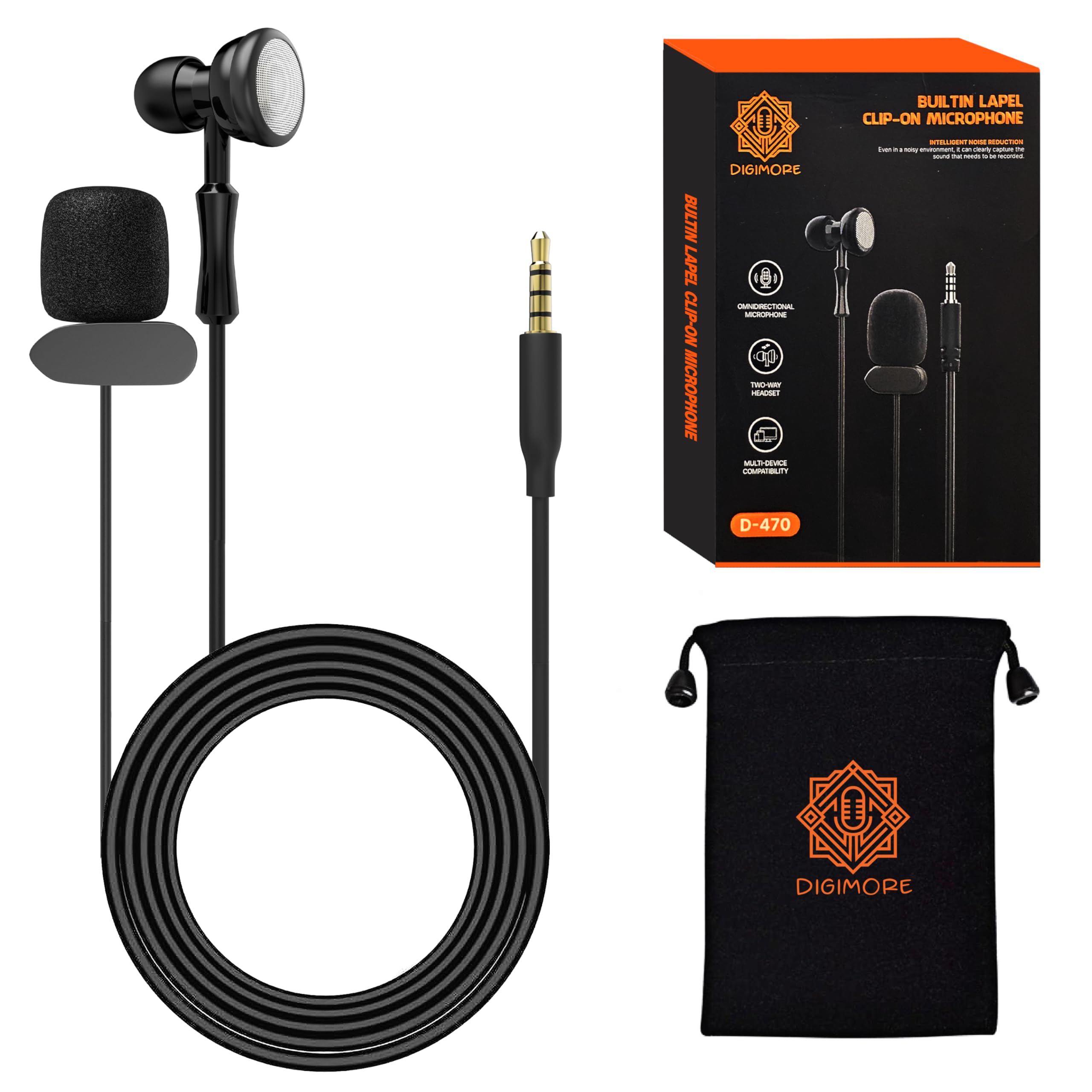 Digimore Lavalier Microphone | Omnidirectional Clip-On Mic | Noise-Reduction Chip | Two-Way Headset | For Recording, Streaming &