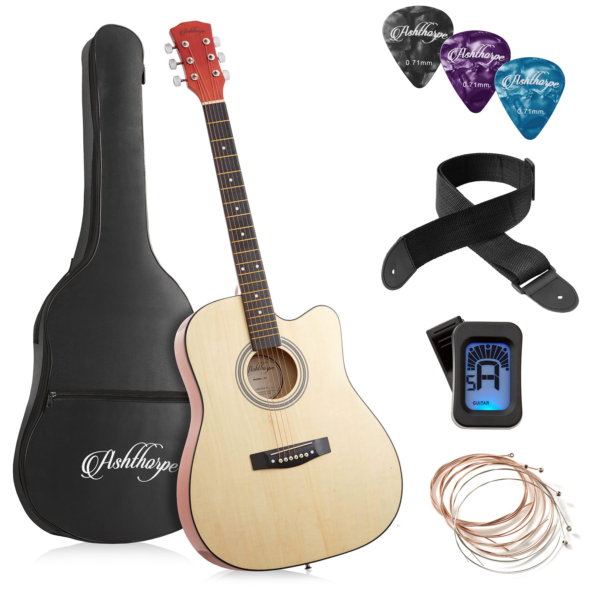 Ashthorpe 41-Inch Beginner Cutaway Acoustic Guitar Package (Natural), Full Size Basic Starter Kit W/Gig Bag, Strings, Strap, Tun
