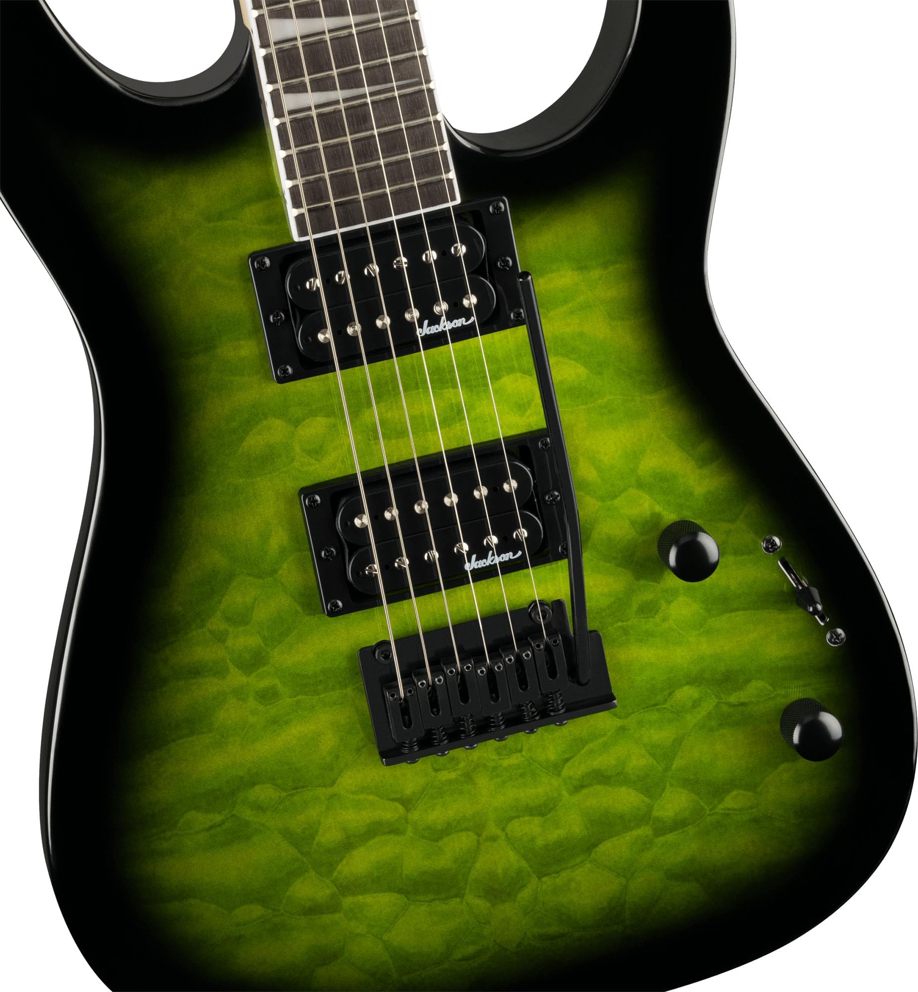 Jackson JS Series Dinky JS20 DKQ 2PT Transparent Green Burst Bundle with Cable, Tuner, Strap, Picks, and Austin Bazaar Guitar DV