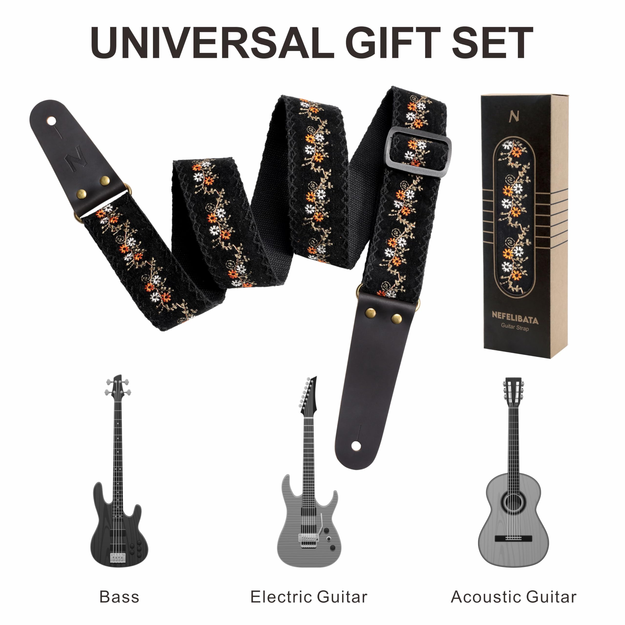 Nefelibata Guitar Strap, Flower Embroidery Guitar Straps with Head Cowhide Leather Ends for Bass, Electric & Acoustic Guitars, C