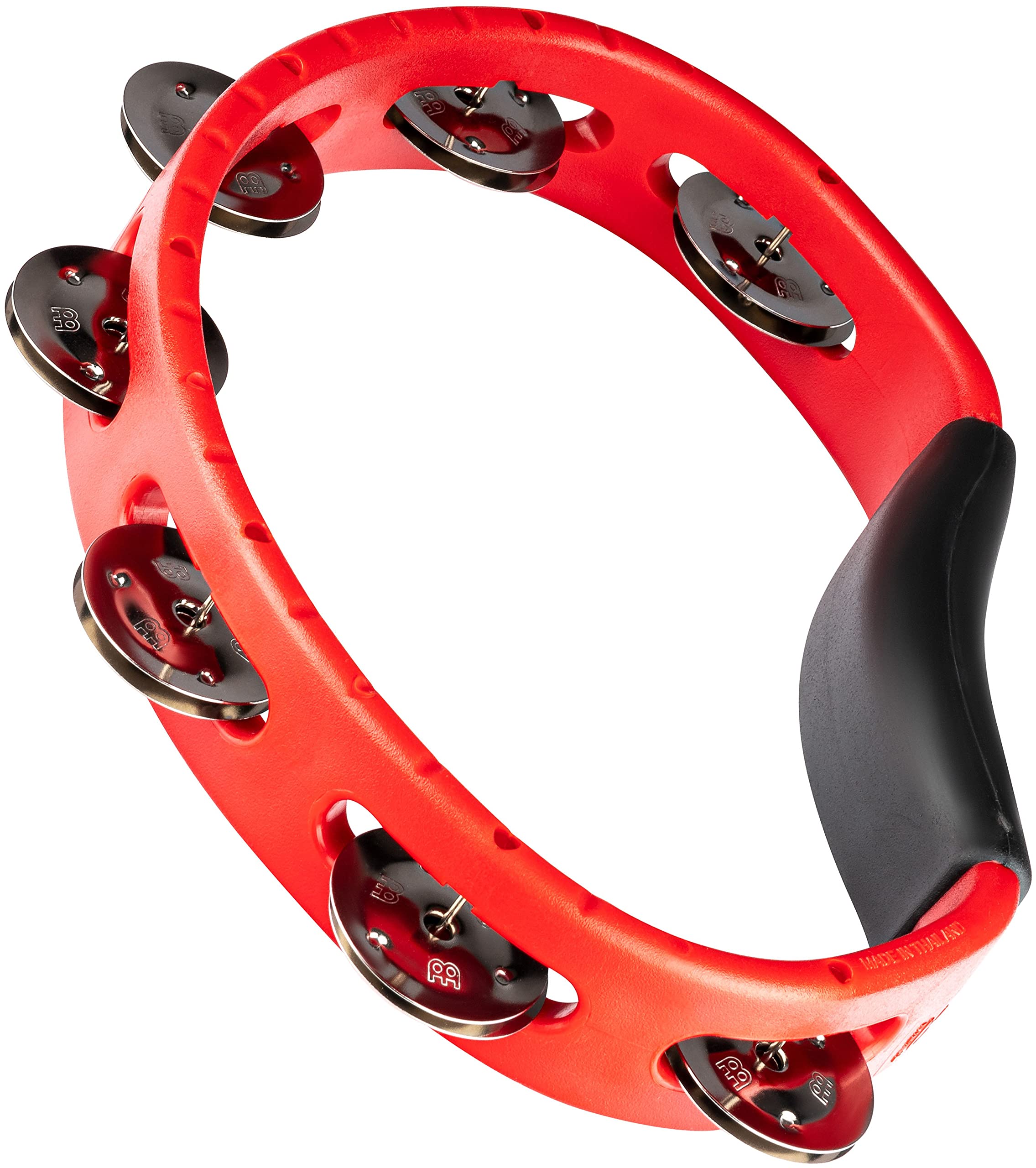 Meinl Percussion Hand Held Tambourine with Stainless Steel Jingles, Single Row-NOT Made in China-Red, Guiro Playing Surface, 2-Y