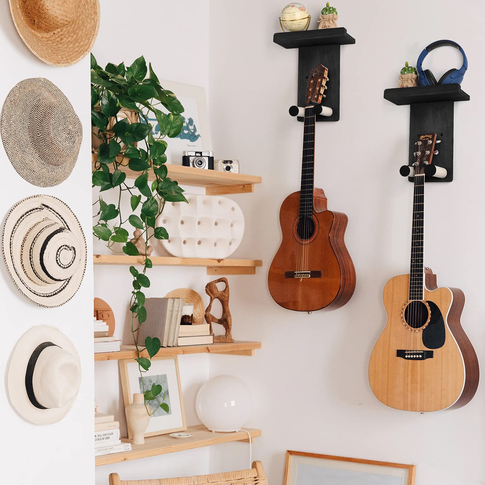 Keebofly Guitar Wall Hanger,2 Pack Guitar Wall Mount Holder Guitar Hanger Shelf with Pick Holder Wood Guitar Rack for Acoustic o