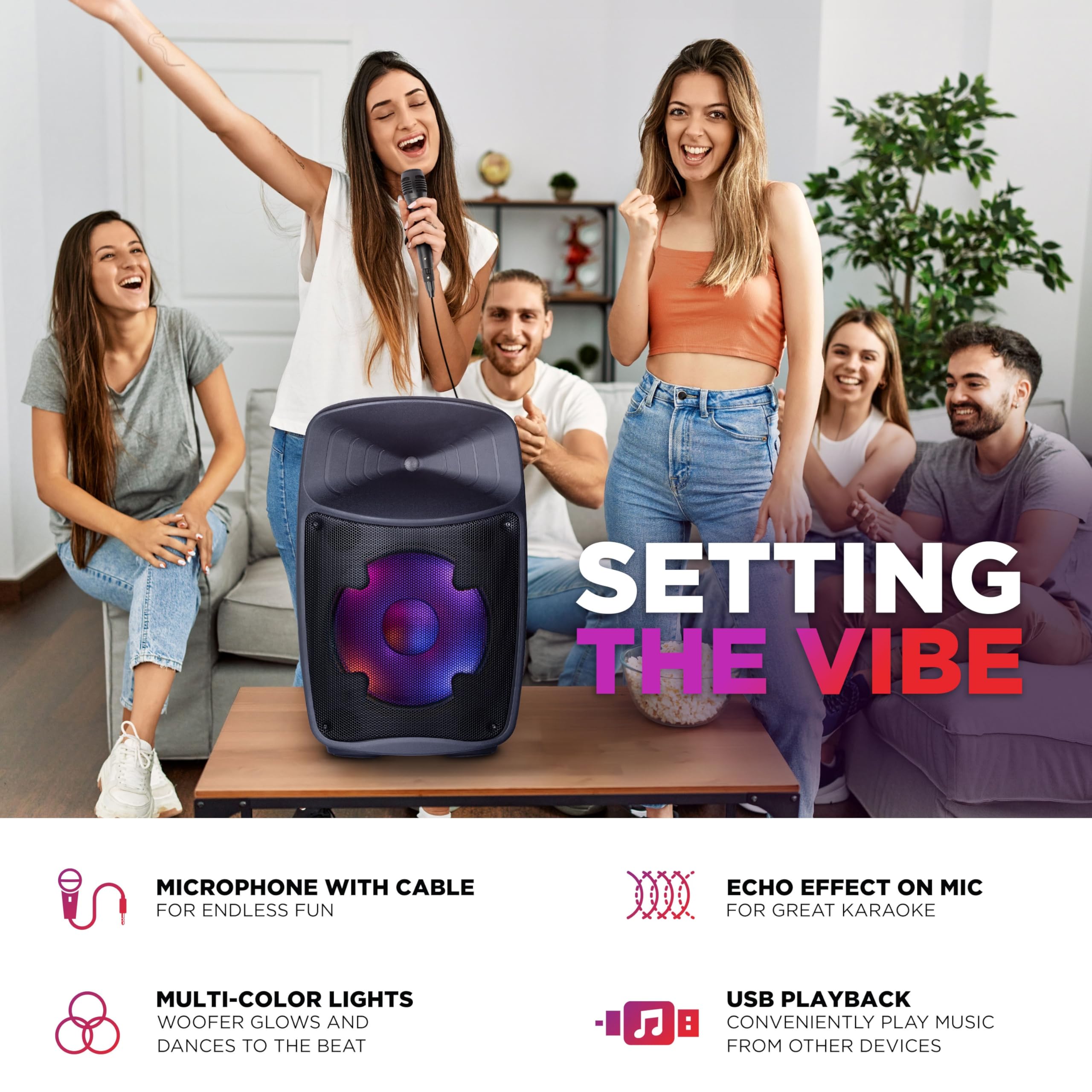 Ion Pro Glow Ultra - High-Power Bluetooth PA Speaker System with Lights, Karaoke Microphone, USB Playback, USB Charge Port, Aux