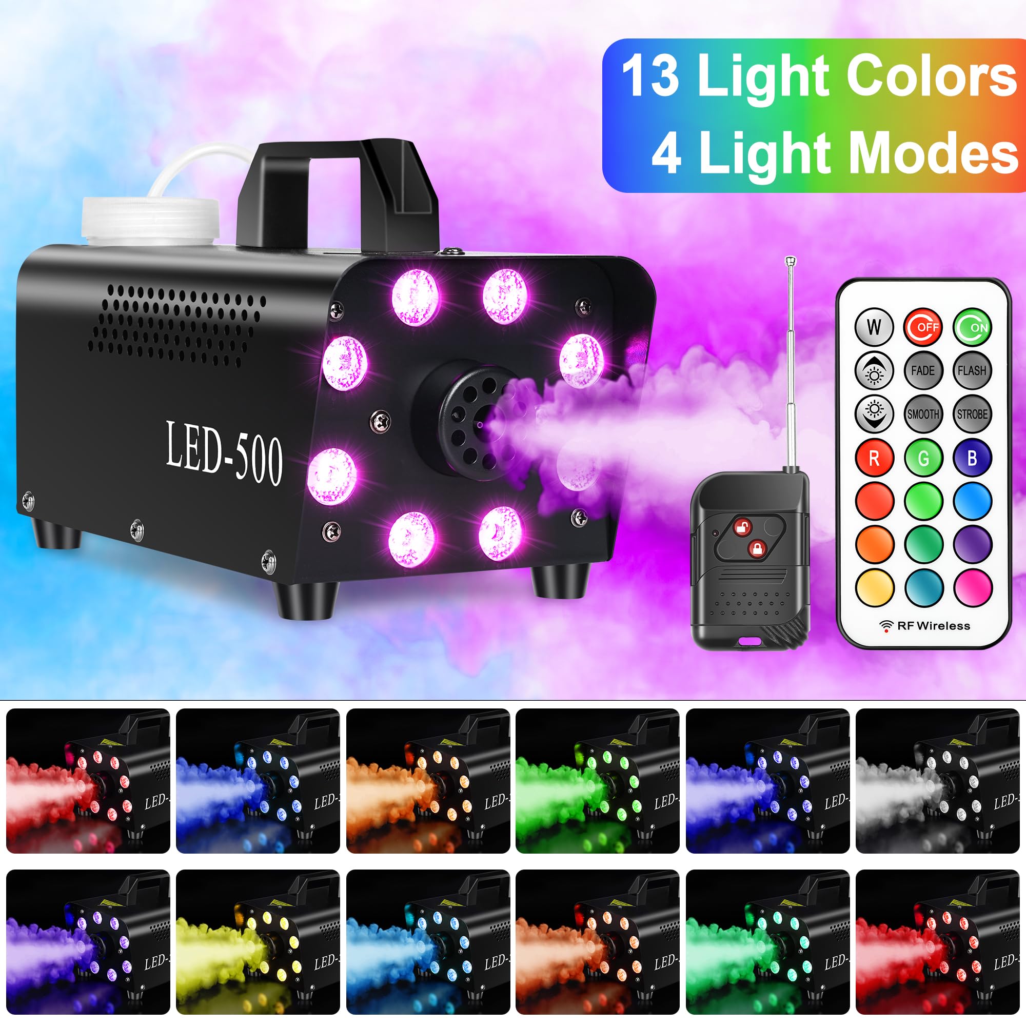 Fog Machine, Smoke Machine with 13 Colors 8 LED Lights for Halloween Indoor Outdoor Party