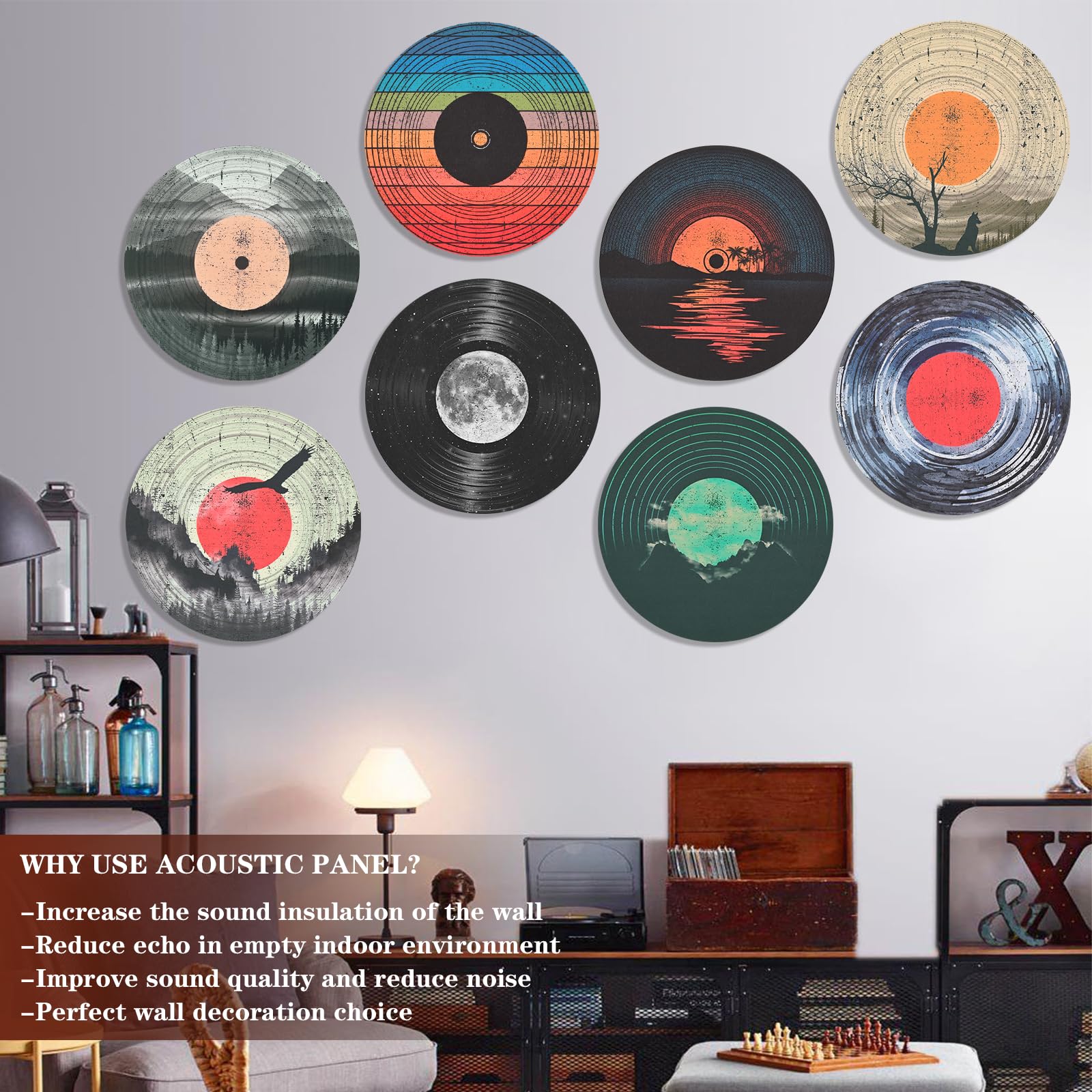 AtawLege 8 Pack Art Acoustic Panels, 14''X14''X0.4'' Round Self-adhesive Soundproof Wall Panels, Unique Retro Record Decor Sound
