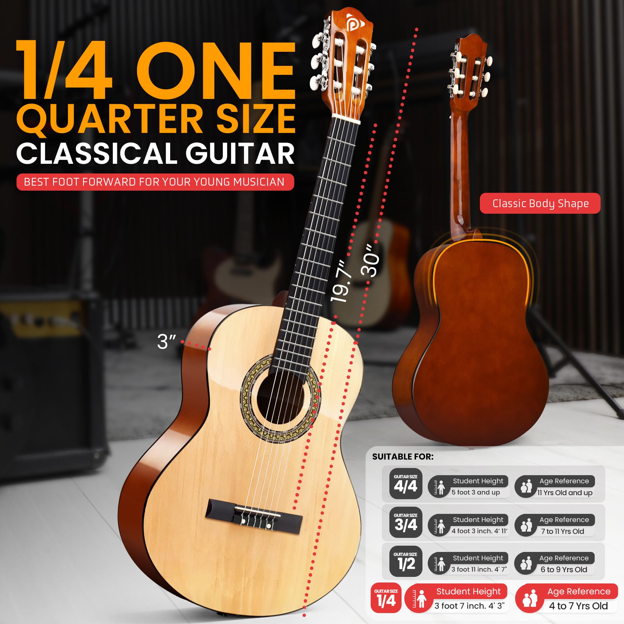 Pyle Beginner Acoustic Guitar Kit, 1/4 Junior Size All Wood Instrument for Kids, Adults, 30'' Natural Ash