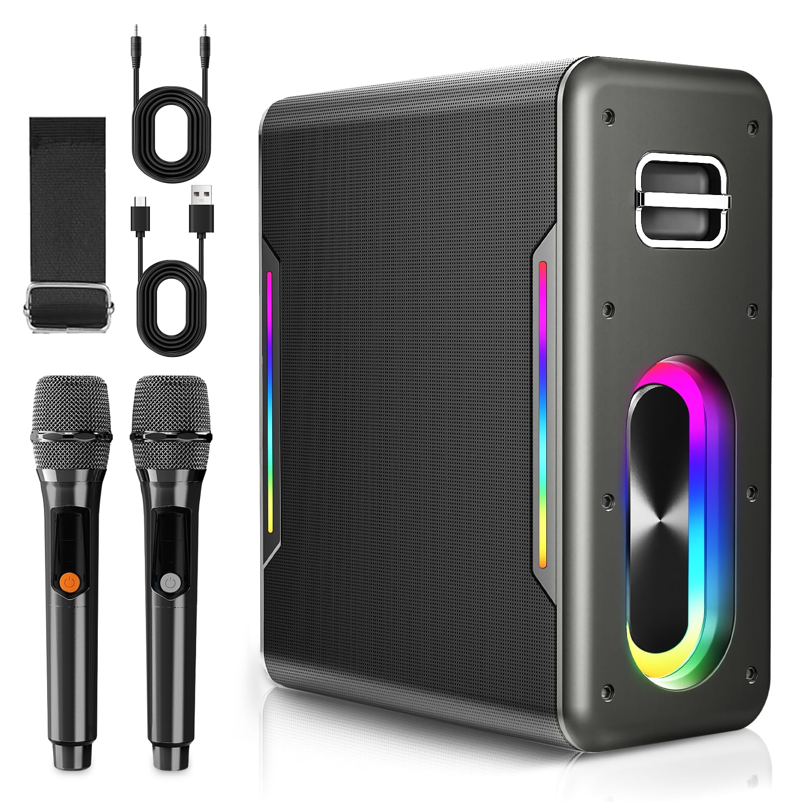Karaoke Machine with 2 Wireless Microphones Portable Bluetooth Karaoke Machine for Adults Kids DSP Chip Karaoke Speaker with LED