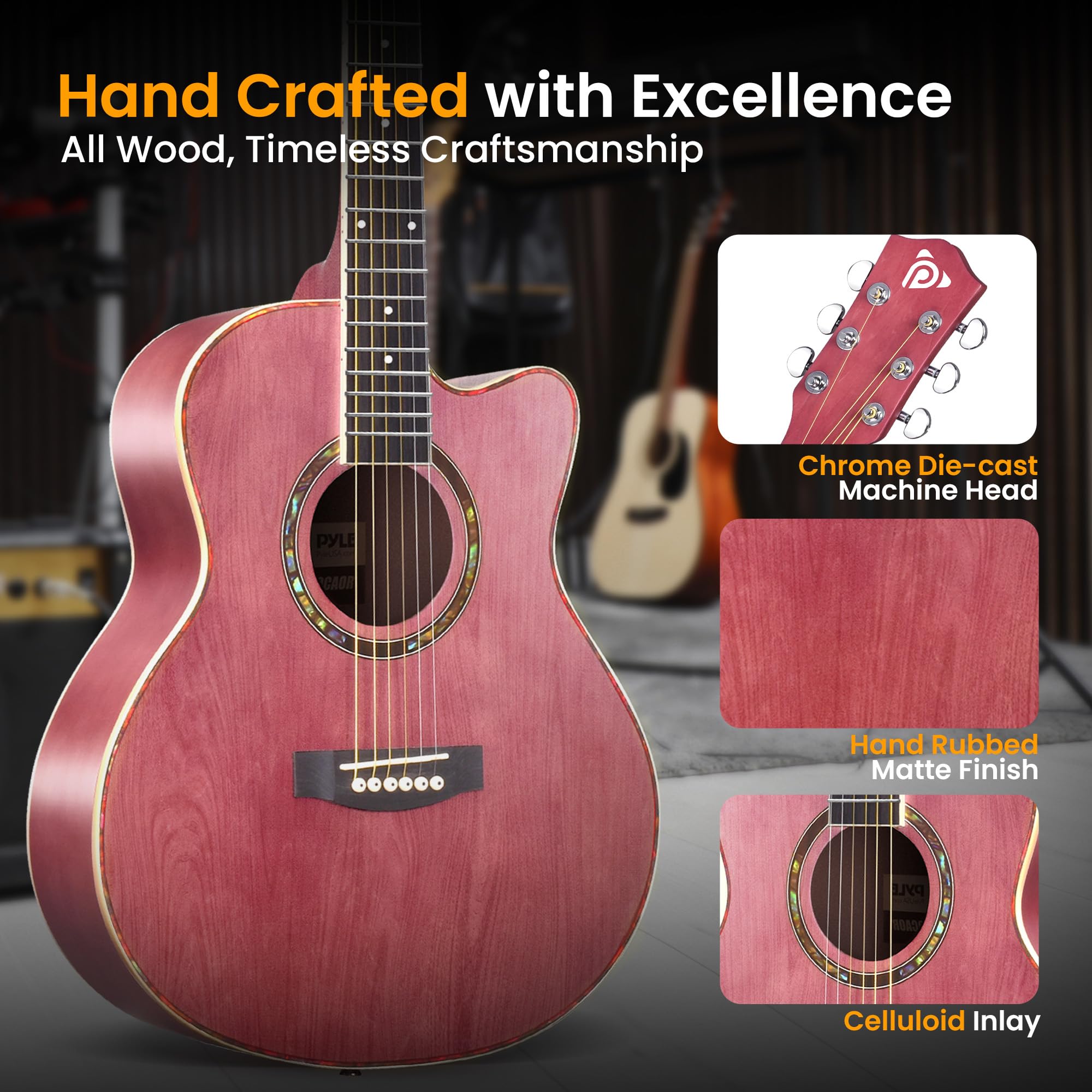 Pyle Acoustic Guitar Kit, 3/4 Junior Size All Wood Steel String Instrument for Beginner Kids, Adults, 36'' Deep Ruby