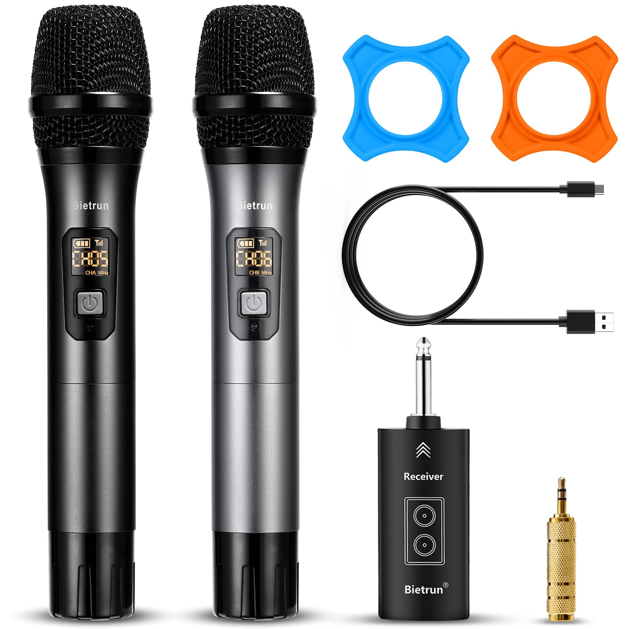 Wireless Microphone With Bluetooth, Professional Uhf Dual Handheld Dynamic Metal Mic System Set With Rechargeable Receiver, 160
