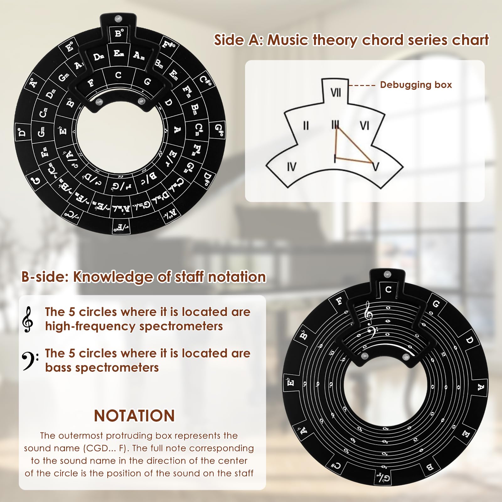 VMBQRTI Circle of Fifths Wheel Metal with Wooden Stand, Complete with Guitar Chord Chart and Music Theory Book for Musical Instr
