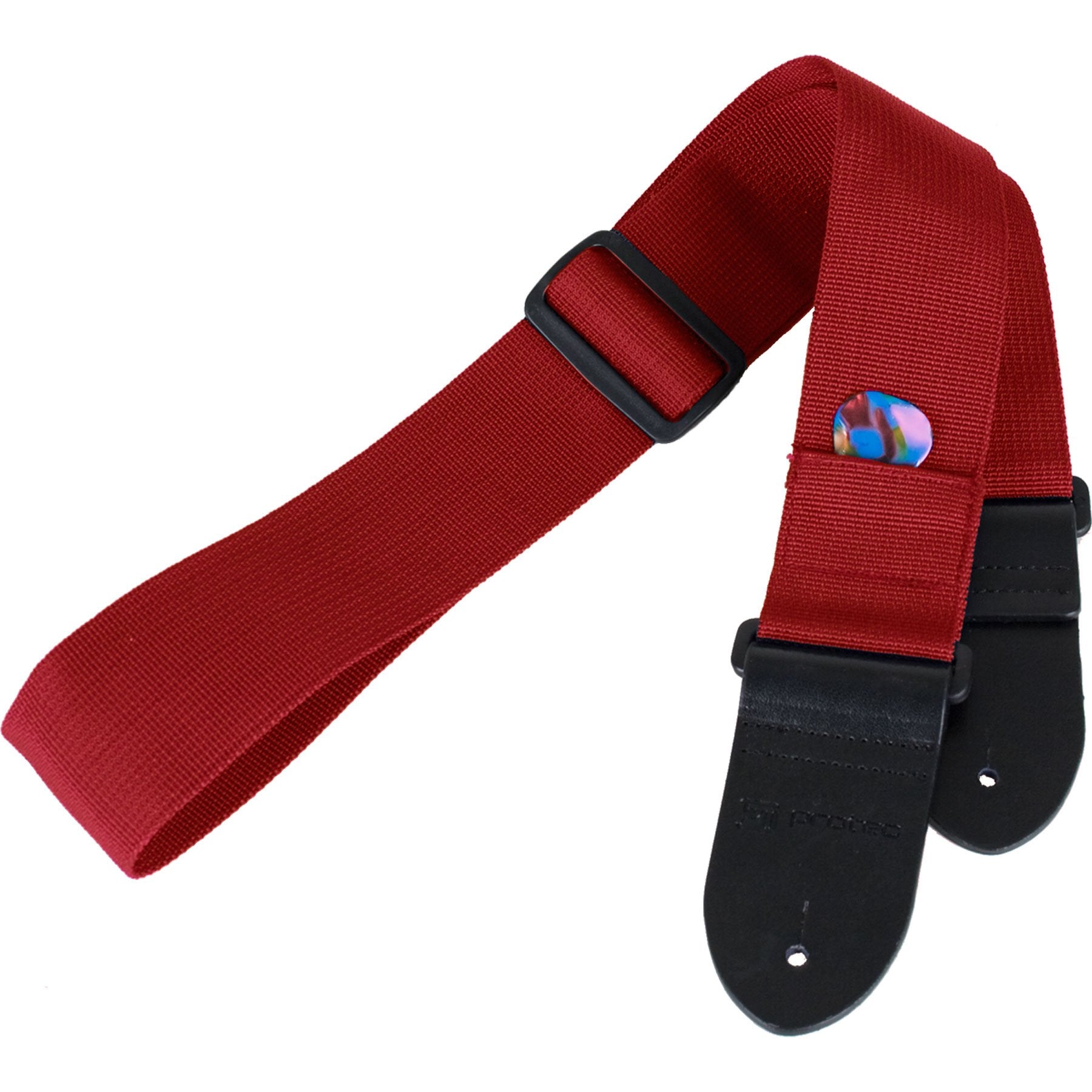 Protec Guitar Strap Featuring Thick Leather Ends And Pick Pocket, Red