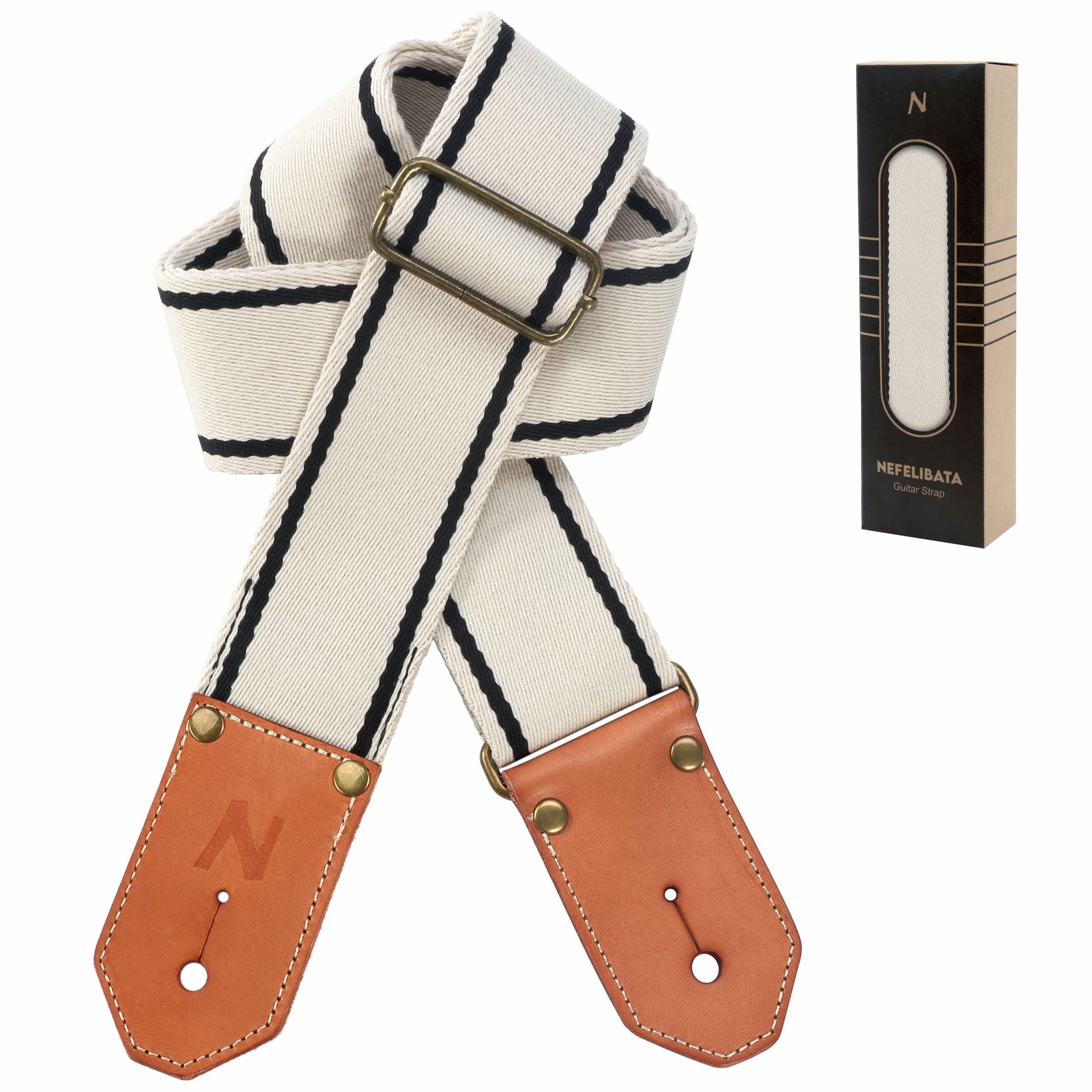 Nefelibata Cool Woven Guitar Strap - Cotton Guitar Straps With Thicked First Layer Vegetable Tanned Cowhide Leather Ends For Aco