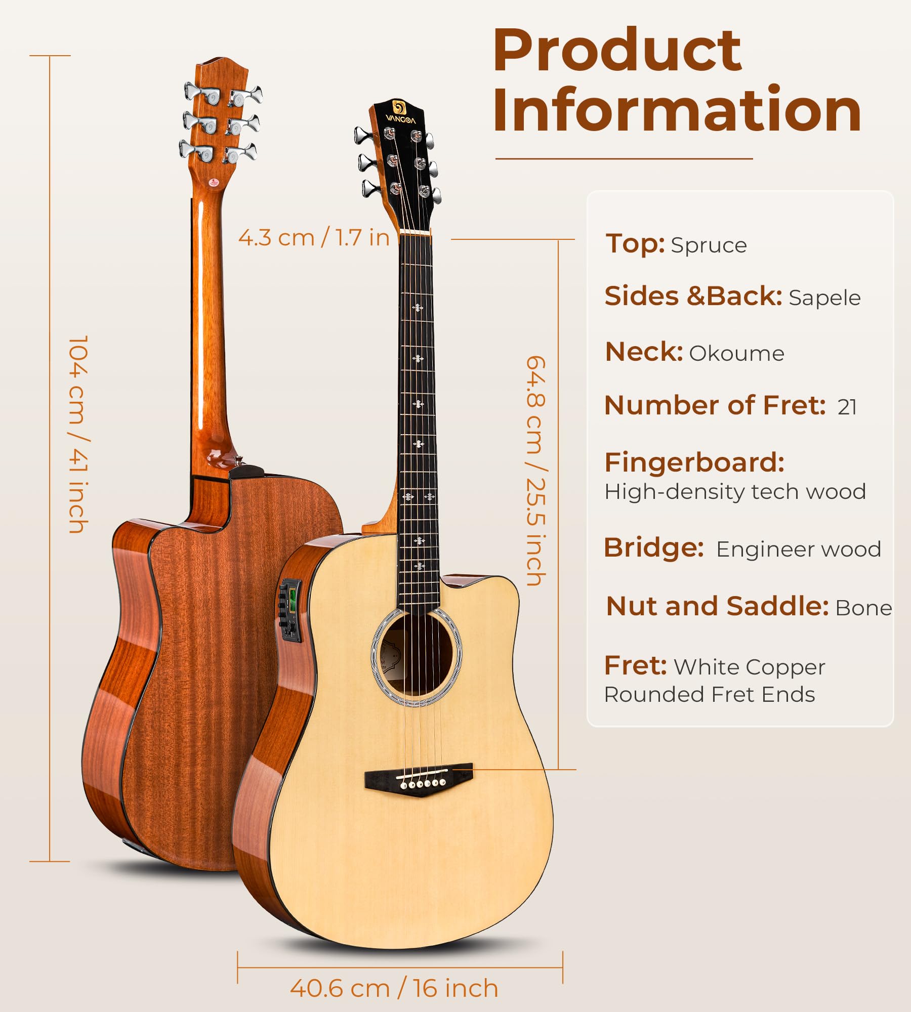 Vangoa Electric Acoustic Guitar Kit for Beginners Adults Full Size Cutaway Acoustic Guitar Bundle Set with Built-in Pickups Bag