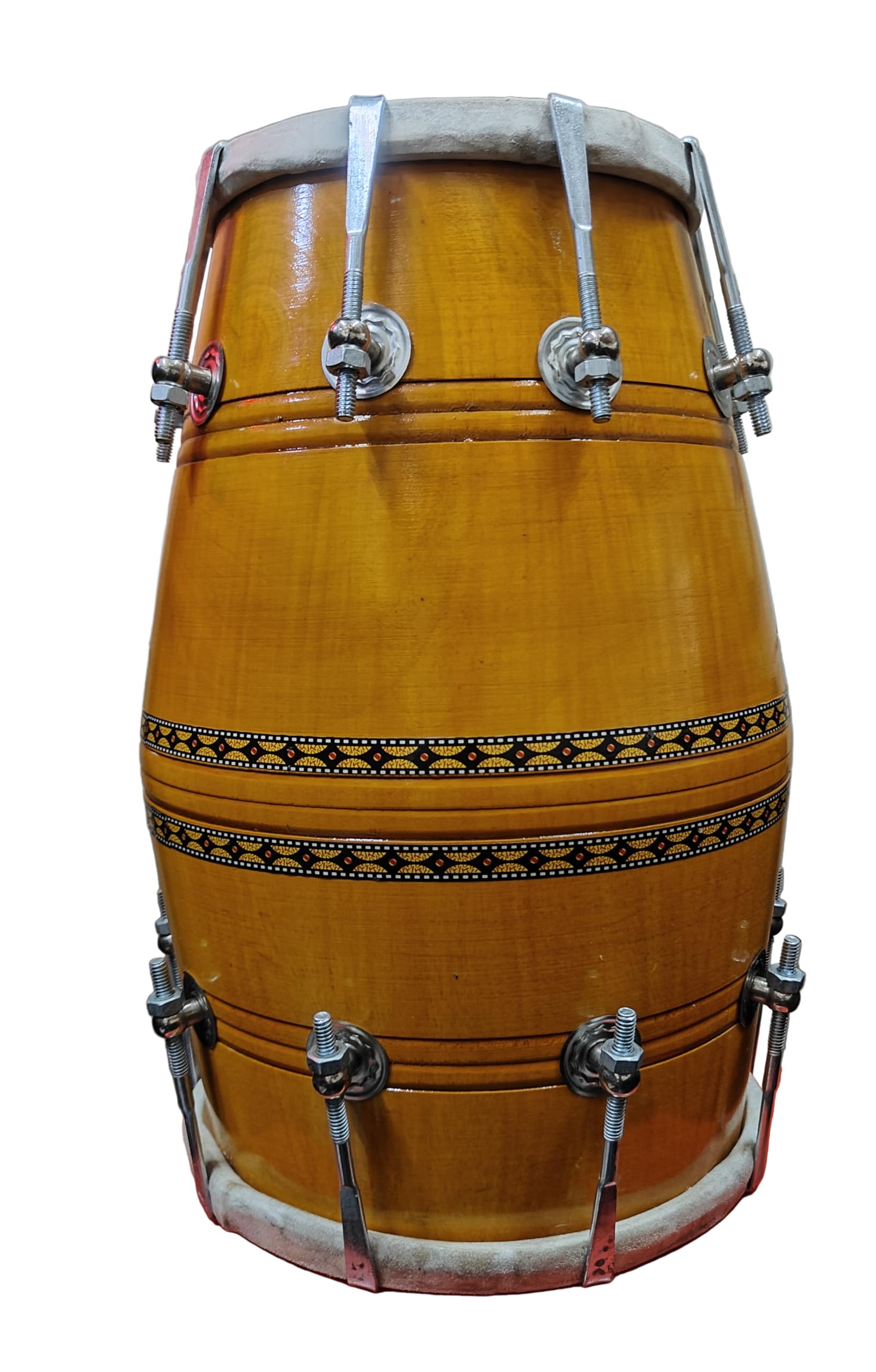Tilak Raj And Sons-17 Inch Size Mango Wooden Dholak Indian Folk Musical Instrument With Tuning Key (Yellow Color)