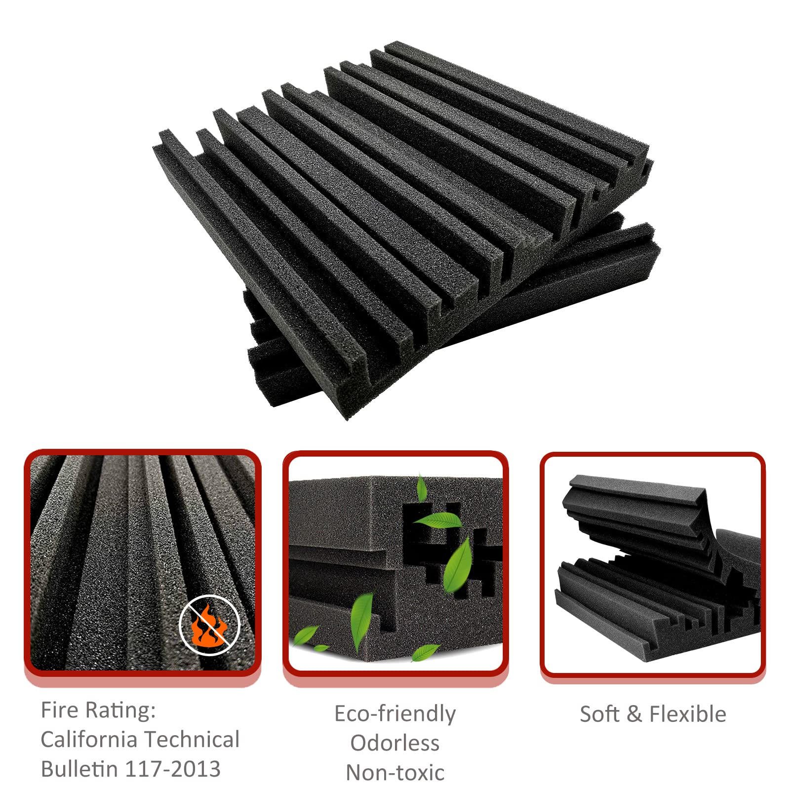 TroyStudio Acoustic Studio Absorption Foam Panel, 12 X 12 X 2 inches Pack of 6, Broadband Sound Absorber, Periodic Groove Struct