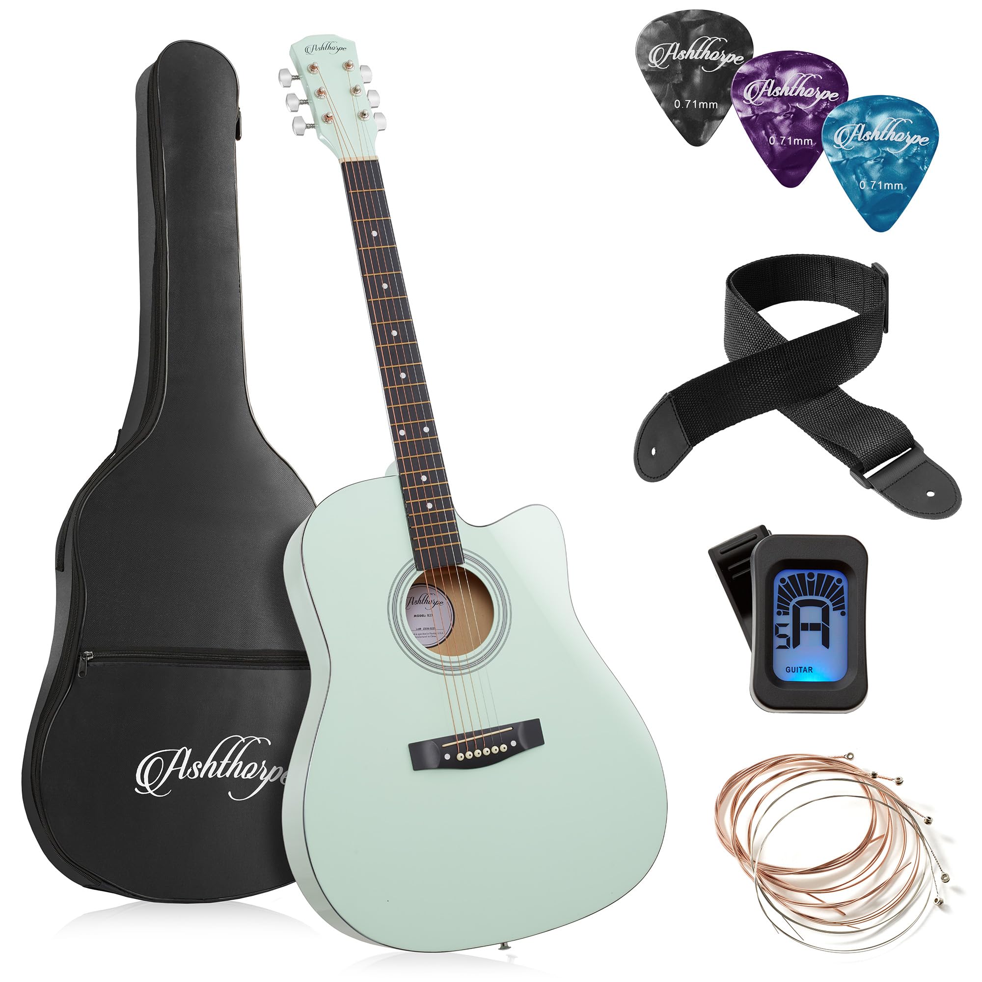 Ashthorpe 41-inch Beginner Cutaway Acoustic Guitar Package (Mint Green), Full Size Basic Starter Kit w/Gig Bag, Strings, Strap, 