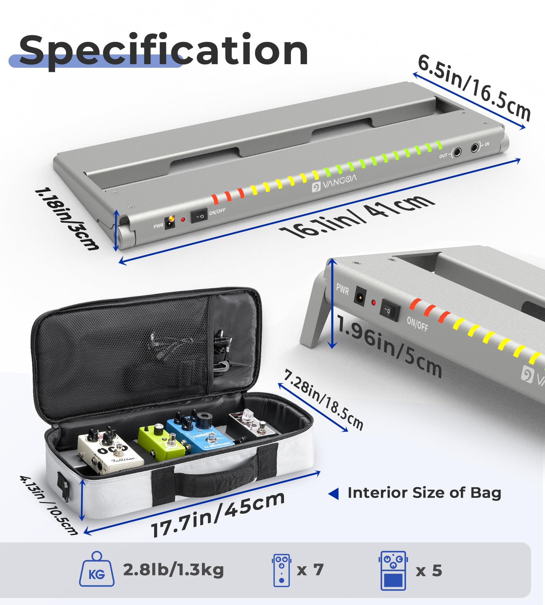 Vangoa Guitar Pedal Board with Built-in Isolated Power Supply, VPPD-S Aluminum Small Portable Folding Powered Guitar Pedalboard