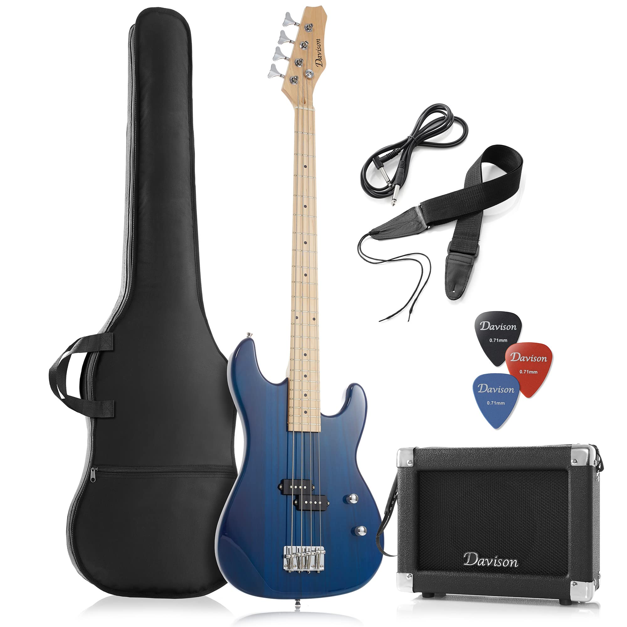 Davison Guitars Full Size Electric Bass Guitar with 15-Watt Amp, Blue - 4 String Right Handed Beginner Kit with Gig Bag and Acce