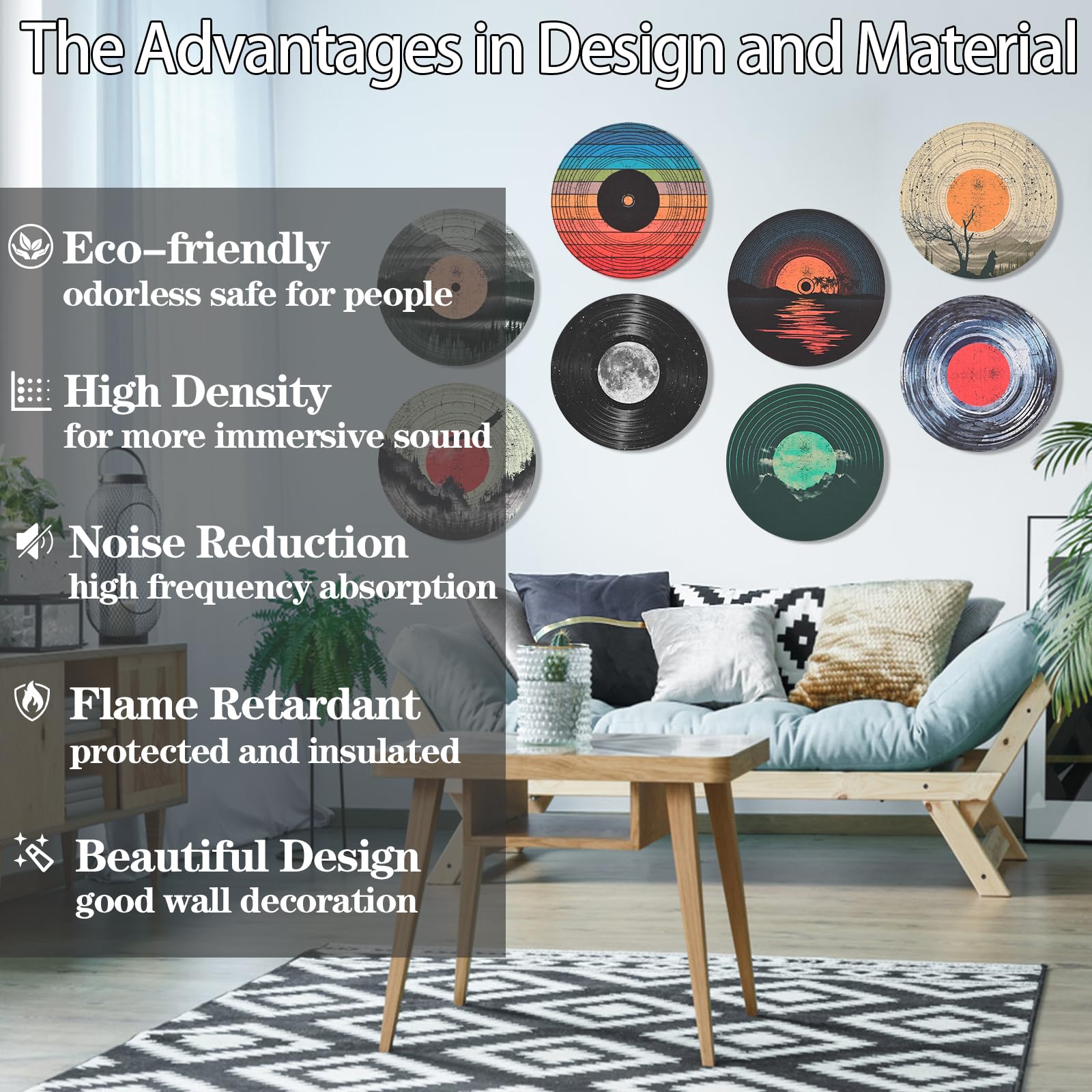 AtawLege 8 Pack Art Acoustic Panels, 14''X14''X0.4'' Round Self-adhesive Soundproof Wall Panels, Unique Retro Record Decor Sound