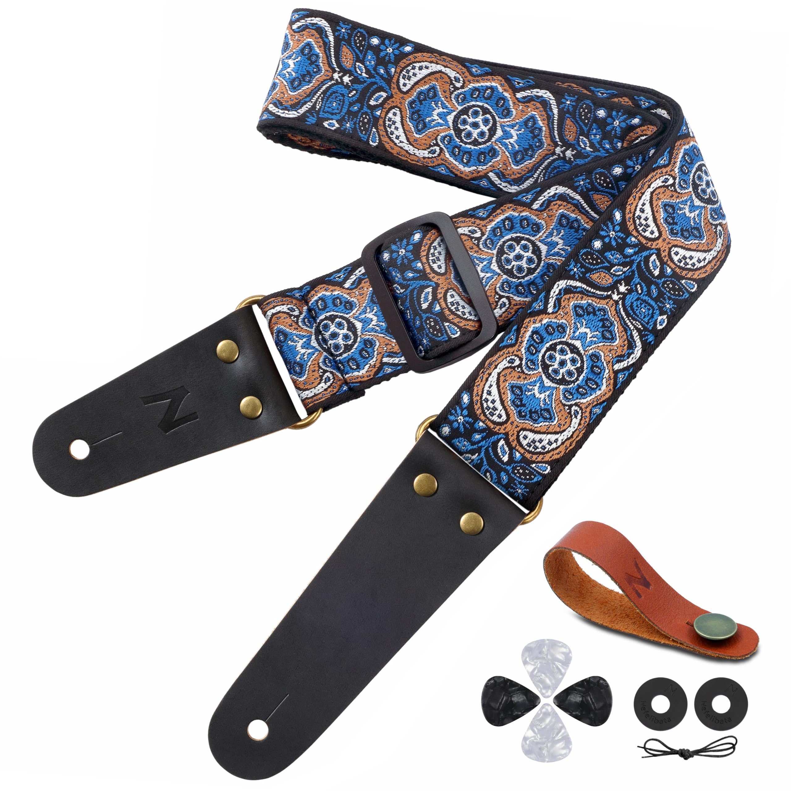 Nefelibata Guitar Strap, Vintage Embroidered Cotton Guitar Straps With Genuine Leather Ends For Bass, Electric & Acoustic Guitar