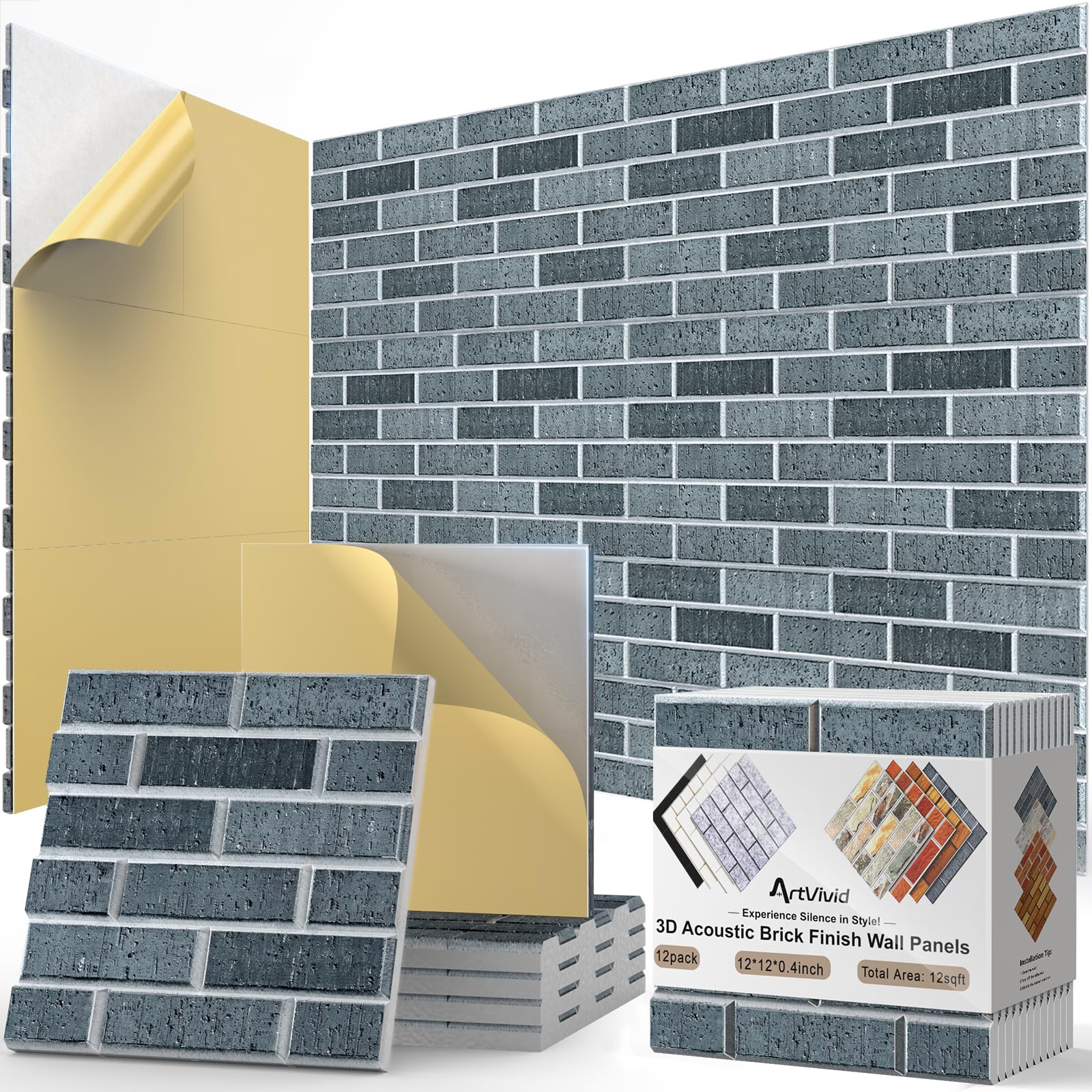 12Pack Acoustic Panels, Self-Adhesive 3D Brick Pattern Sound Proof Panels for Walls, High Density Decorative Acoustic Foam, Soun