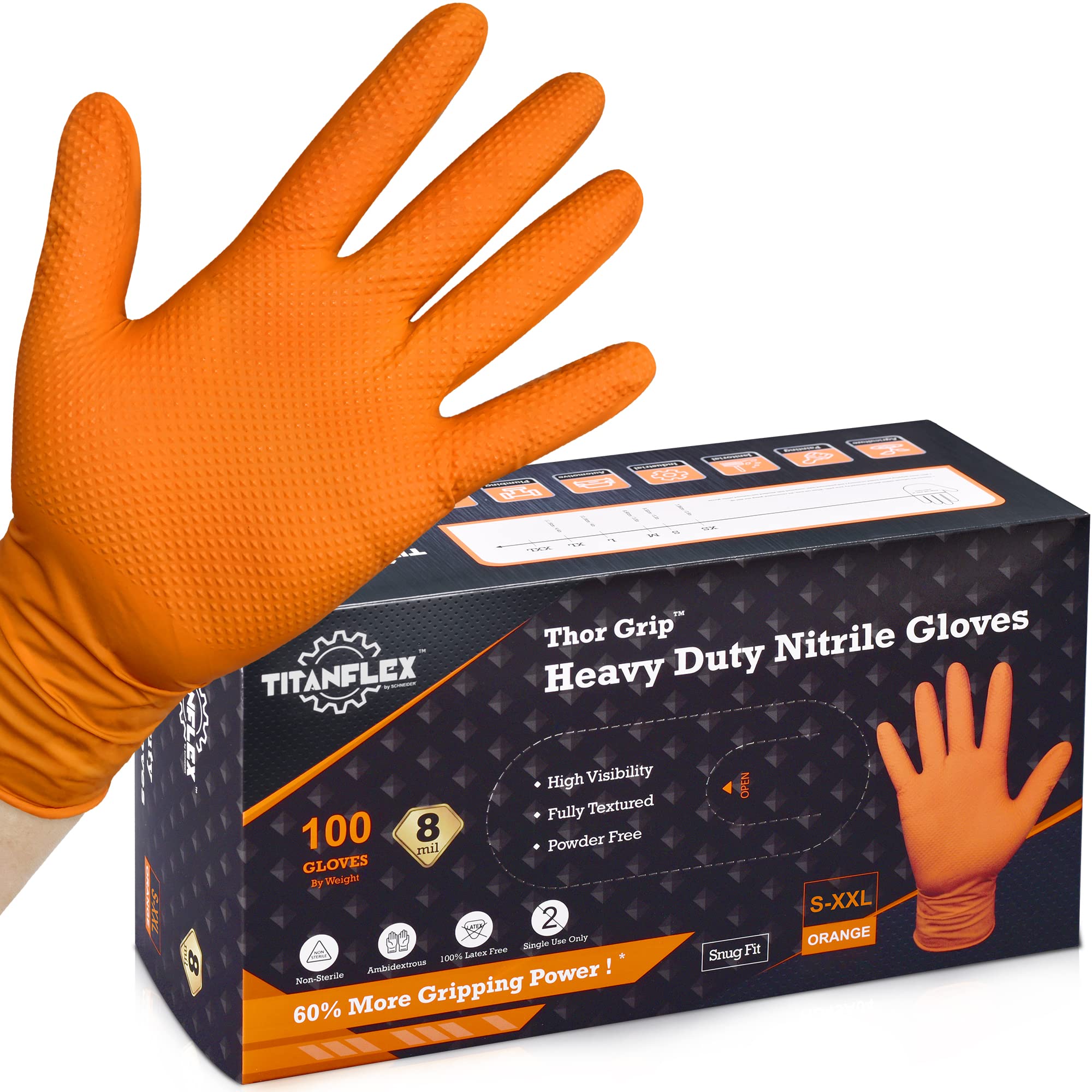 Titanflex Thor Grip Heavy Duty Industrial Orange Nitrile Gloves, 8-Mil, Gloves Disposable Latex Free With Raised Diamond Texture
