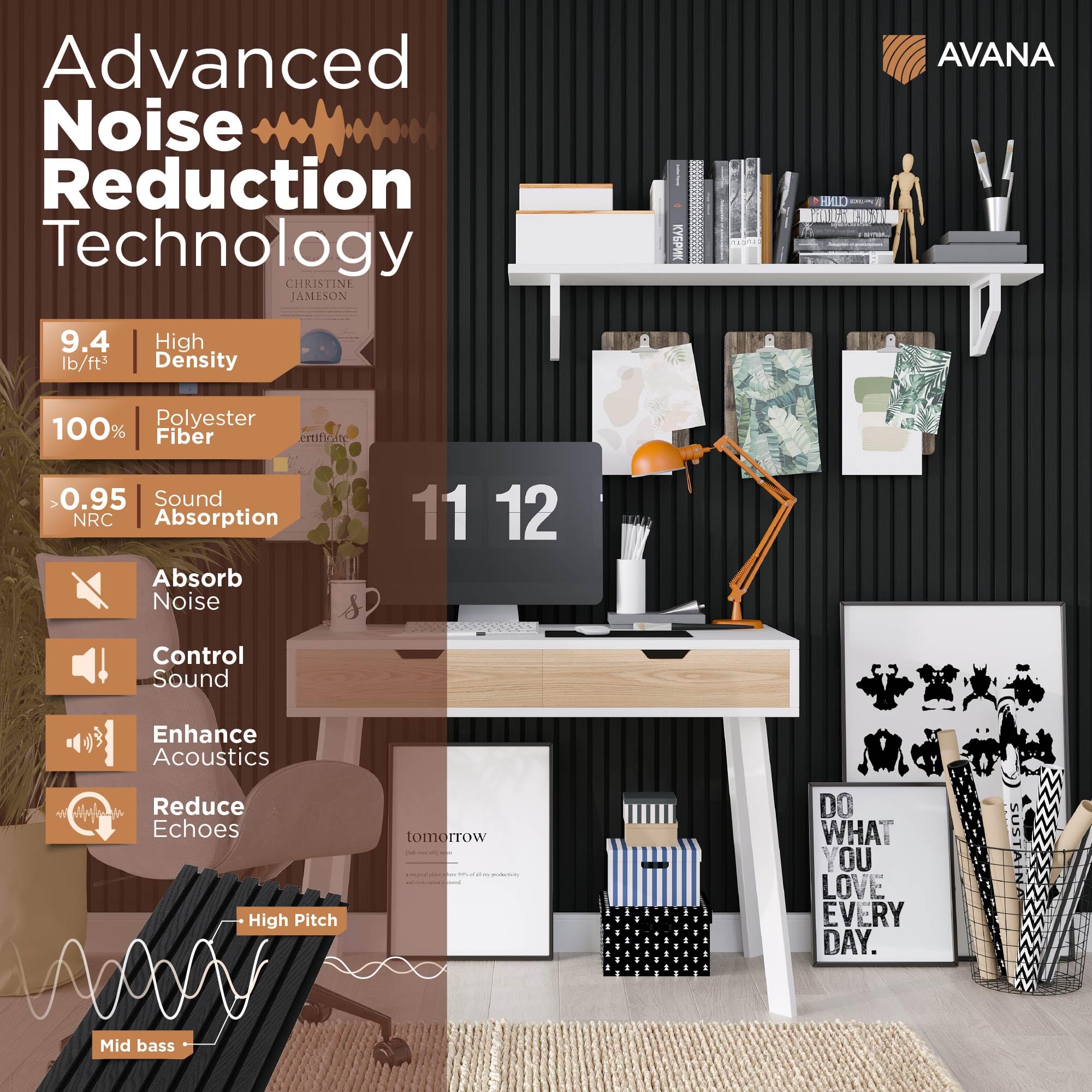 Avana Acoustic Wood Wall Panels - 47.2 X 12.6 Inch Black Oak Acoustic Panels 1 PC - Wall Panels For Interior Wall Decor For Home