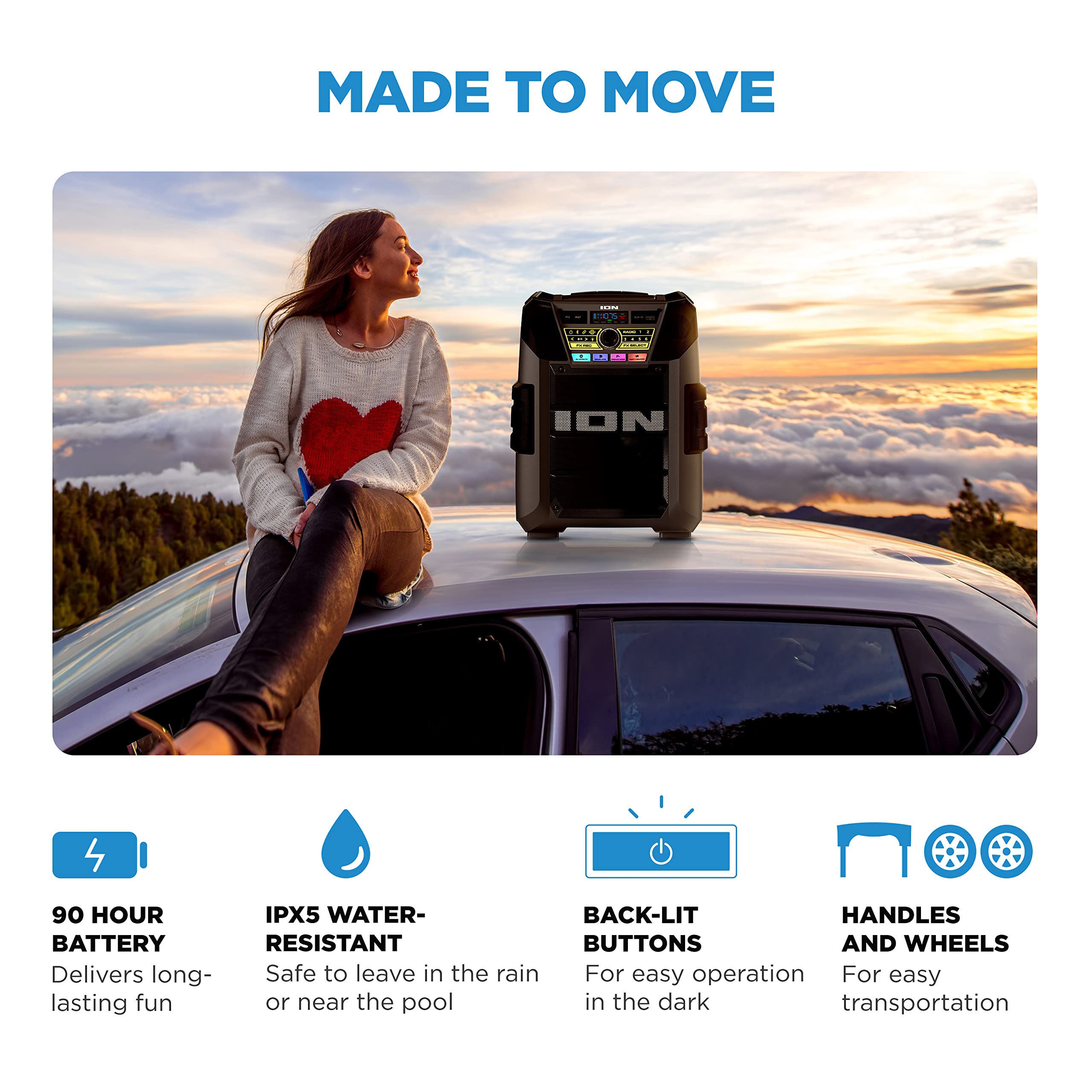 ION Block Rocker XL - Portable Bluetooth Outdoor Party Speaker, 220W, with Karaoke Microphone, Battery, 5 Speakers, Lights, Radi