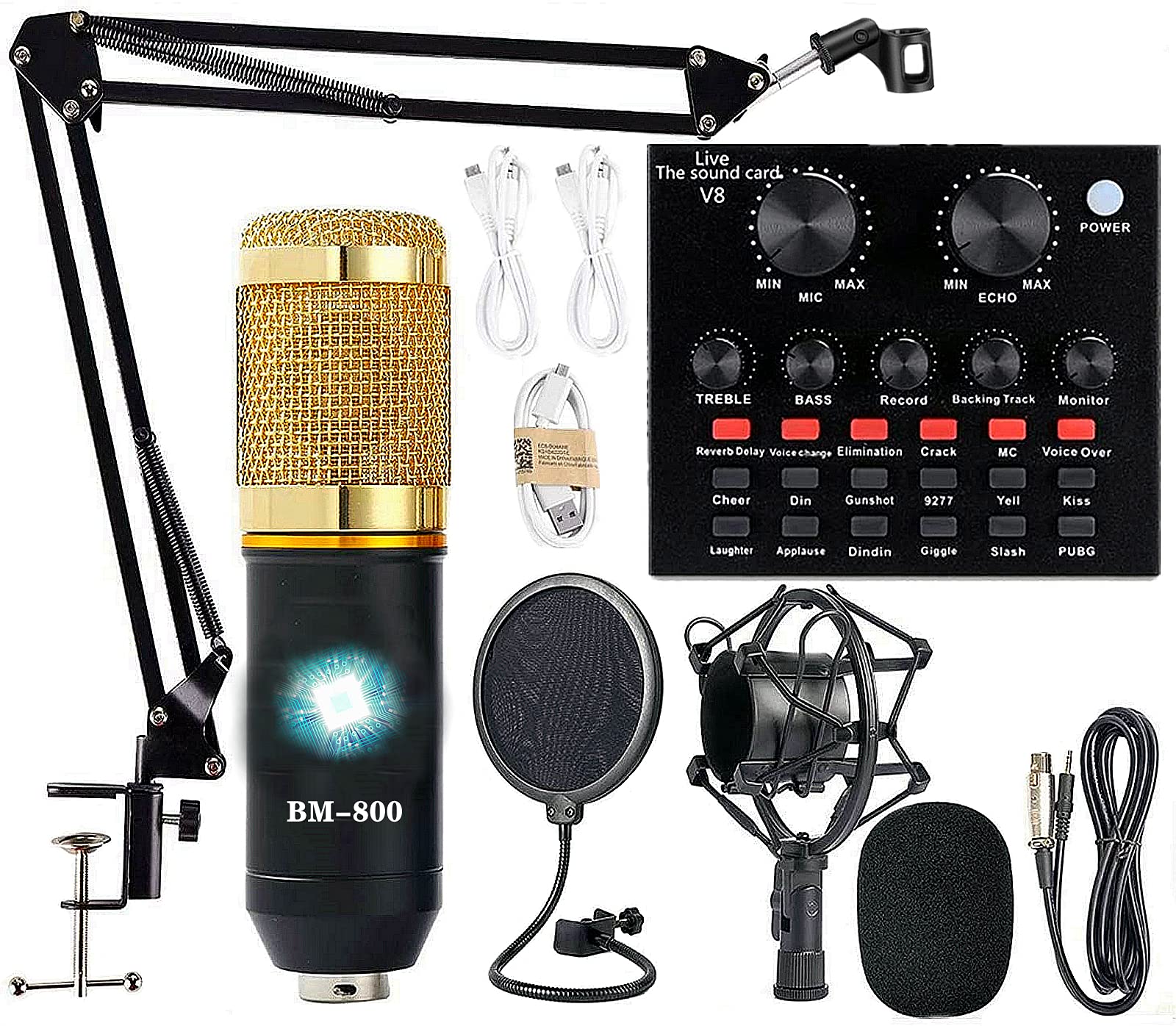 Podcast Equipment Bundle, Bm-800 Recording Studio Package With Voice Changer, Live Sound Card - Audio Interface For Laptop Compu