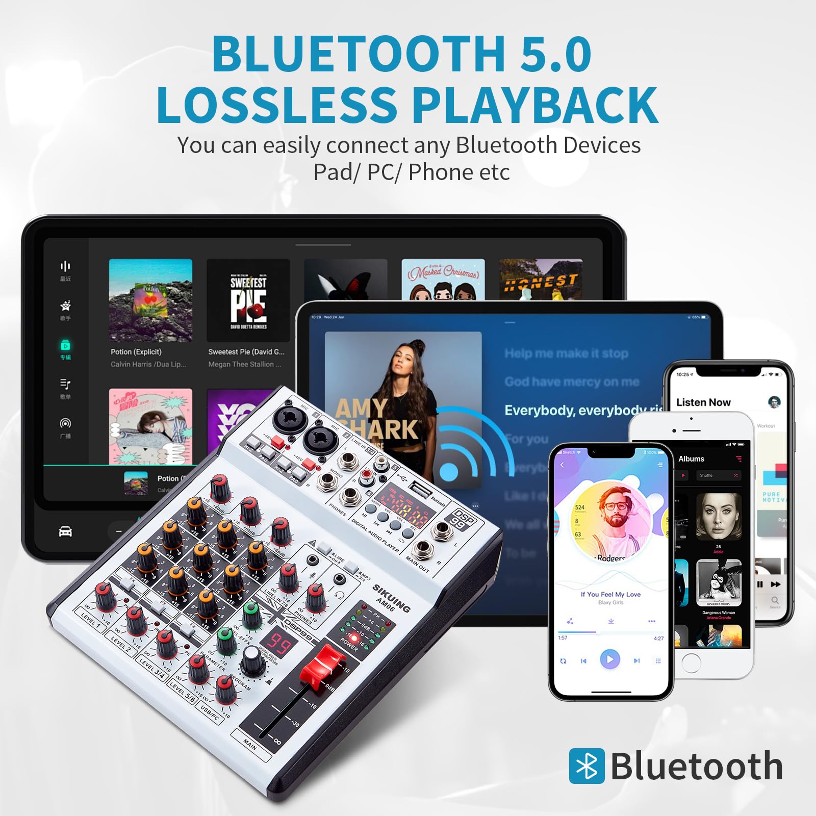 SIKUING 6 Channel Audio Mixer Professional Sound Board Console w/99 DSP Effects 48V Phantom Power Bluetooth USB Interface Stereo