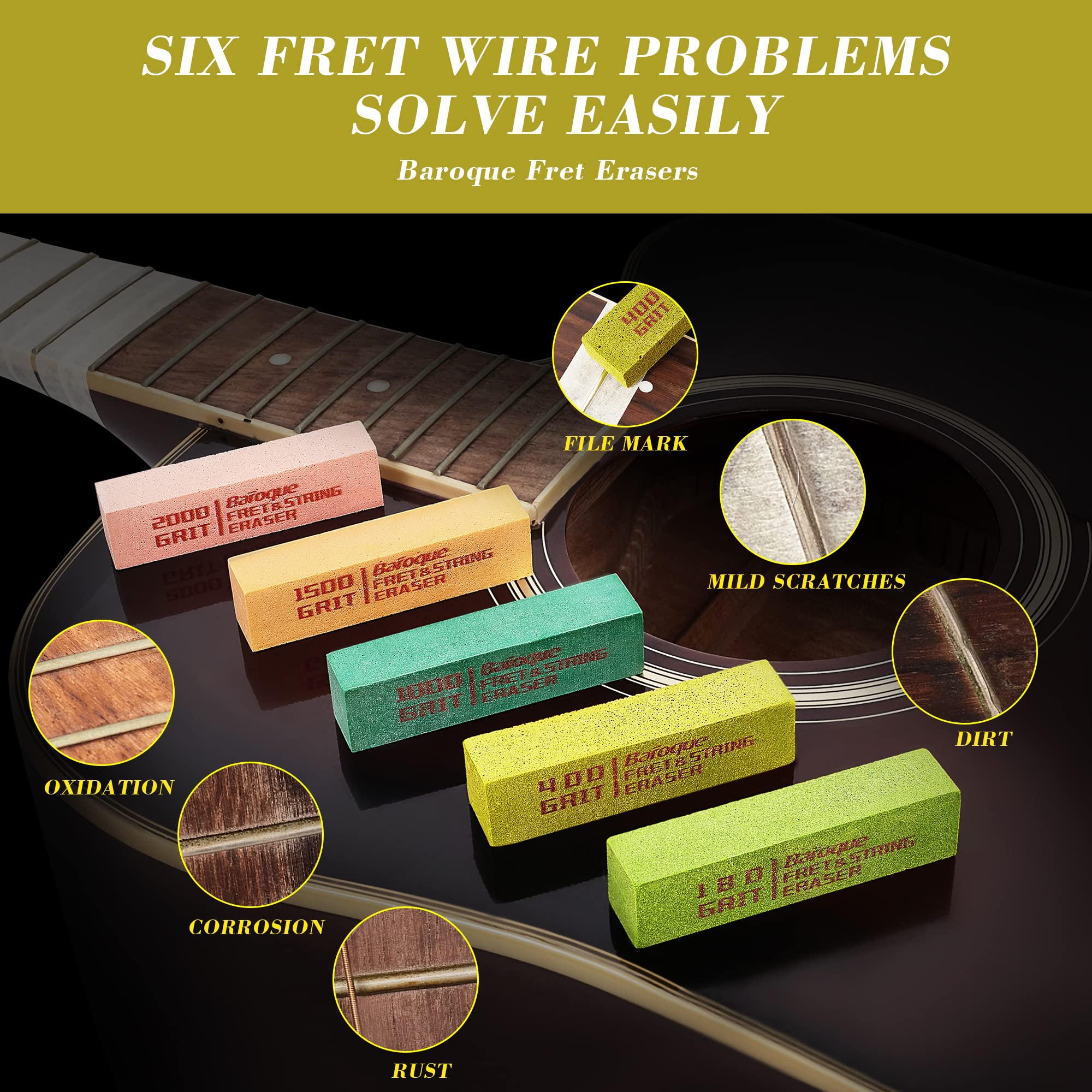 Guitar Fret Erasers, Fret Polishing Abrasive Rubber Blocks, Fret Cleaner Kit, Fret Polish Kit for Fretwire String and Metal, Set