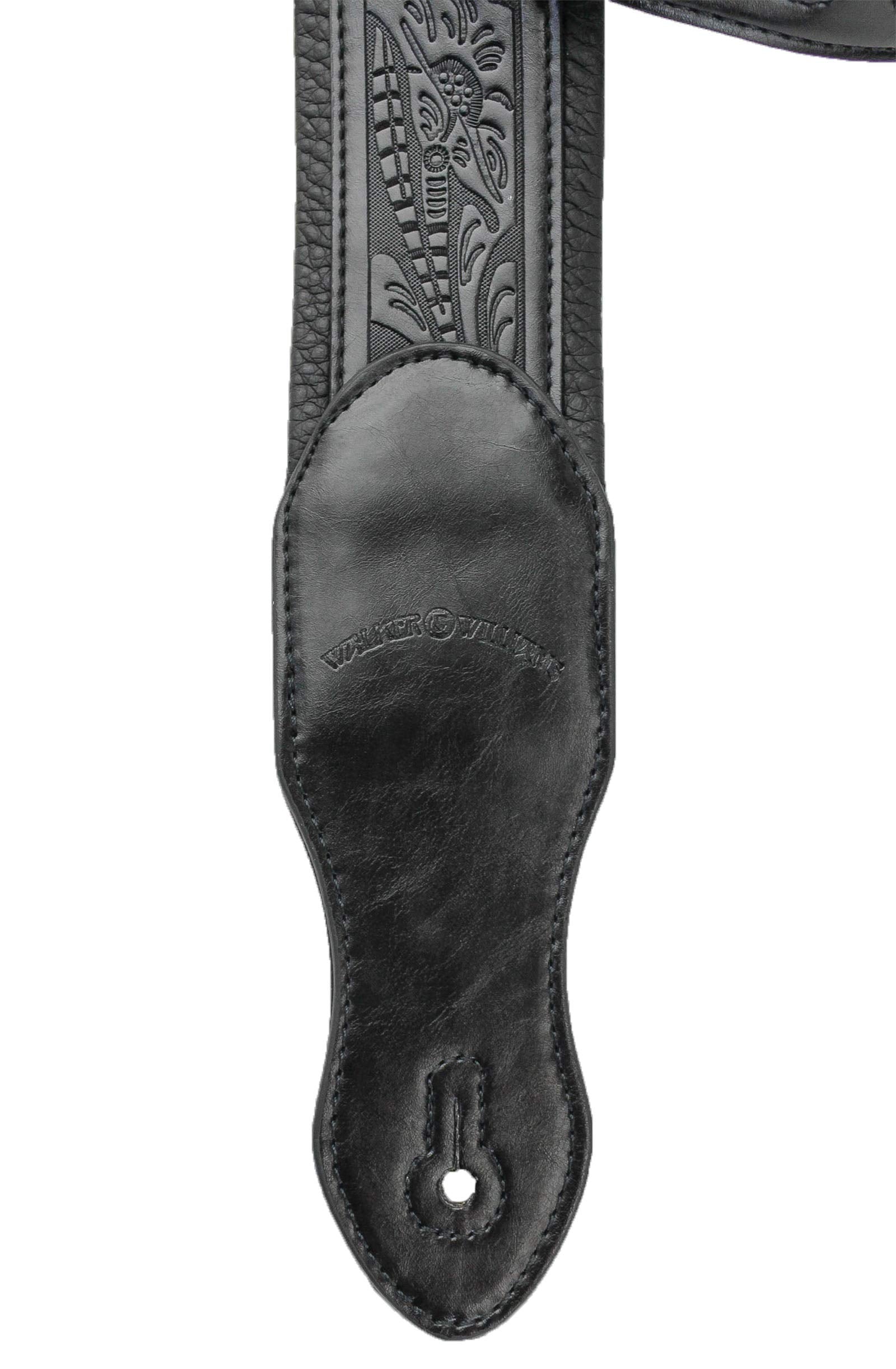 Walker & Williams G-118 Black on Black Padded Guitar Strap with Embossed Tooling & Padded Glove Leather Back For Acoustic, Elect