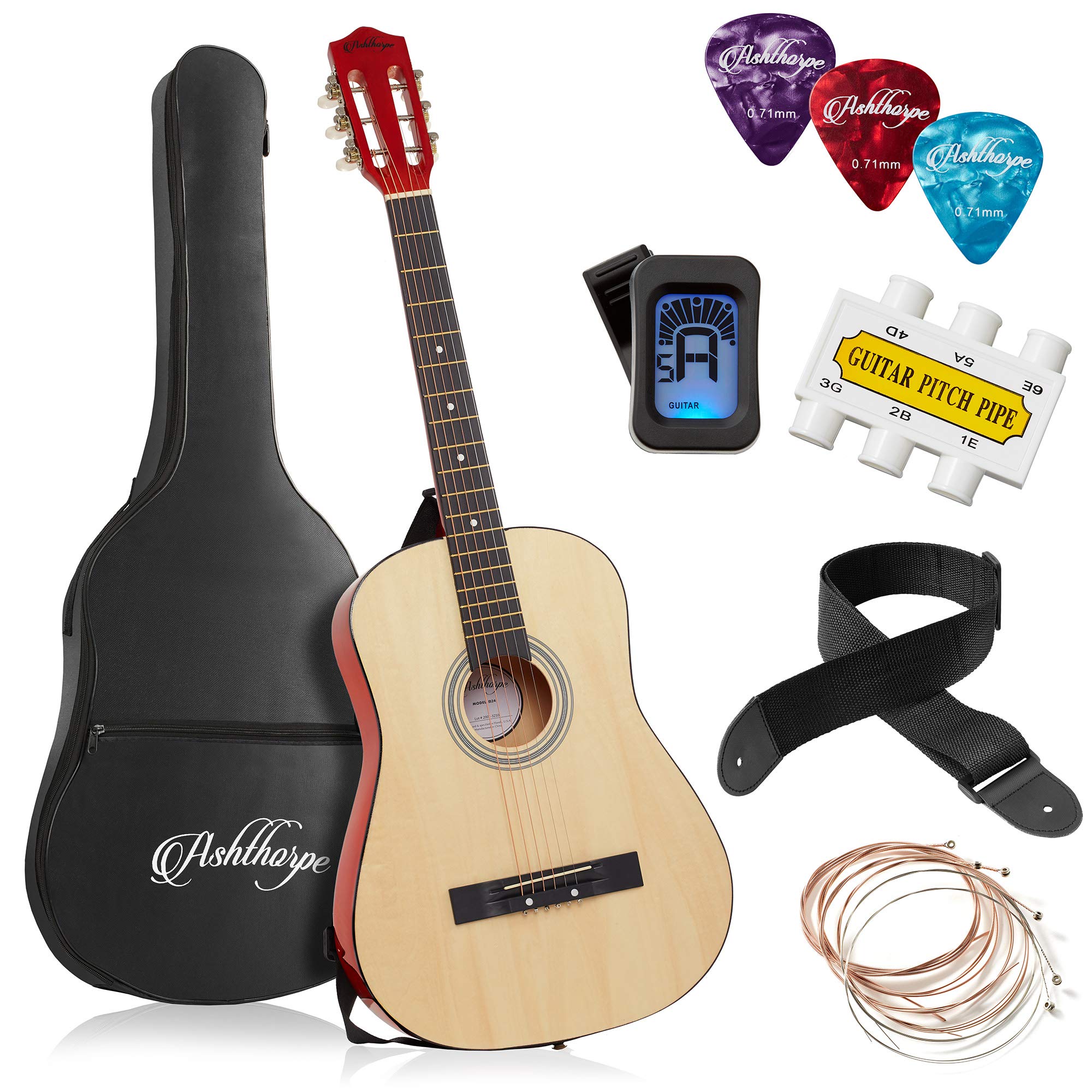 Ashthorpe 38-Inch Beginner Acoustic Guitar Package (Natural), Basic Starter Kit W/Gig Bag, Strings, Strap, Tuner, Pitch Pipe, Pi