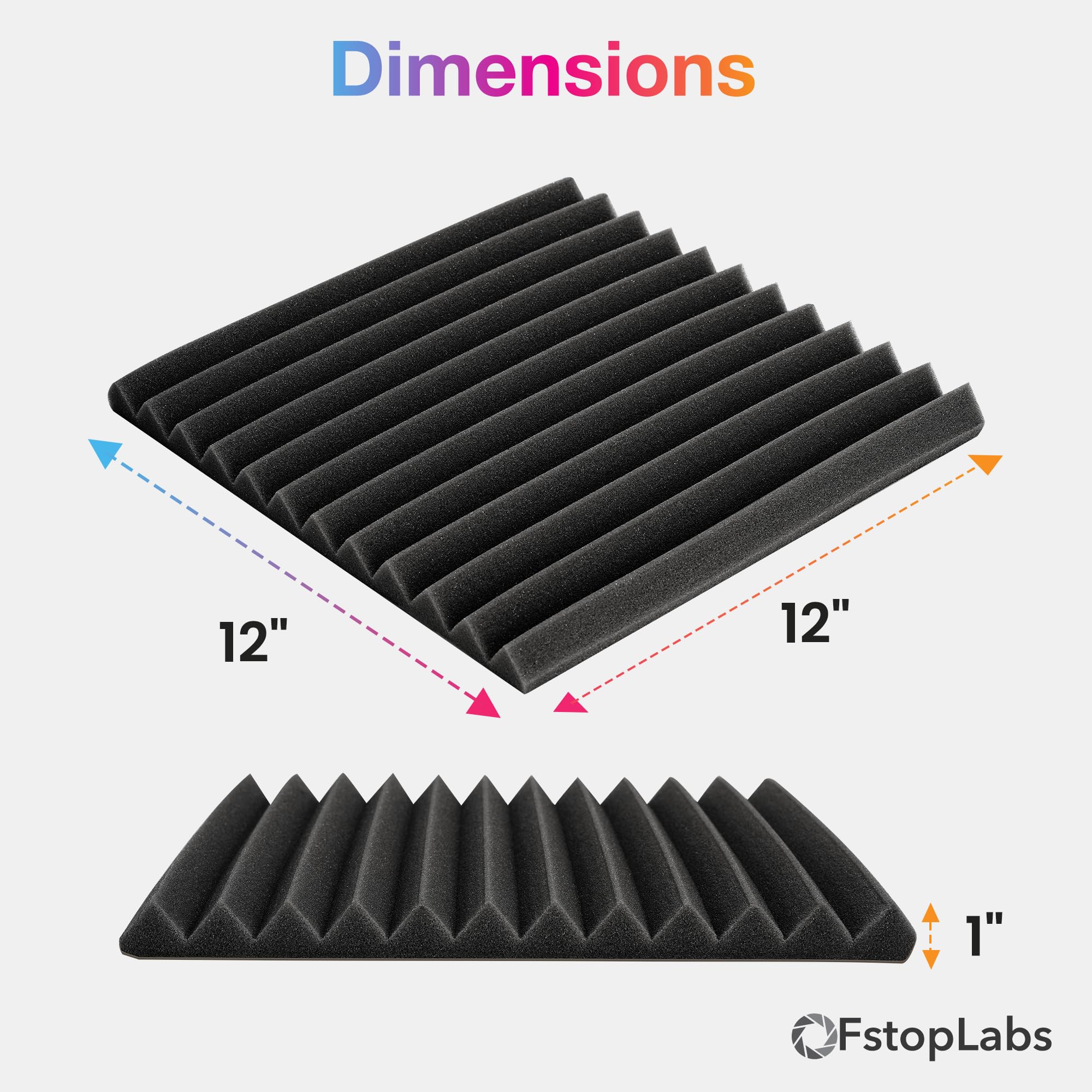 Fstop Labs Acoustic Foam Panels 1'' X 12'' X 12'' Self-adhesive Acoustic Studio Wedge Tiles, Sound Panels wedges Soundproof Foam
