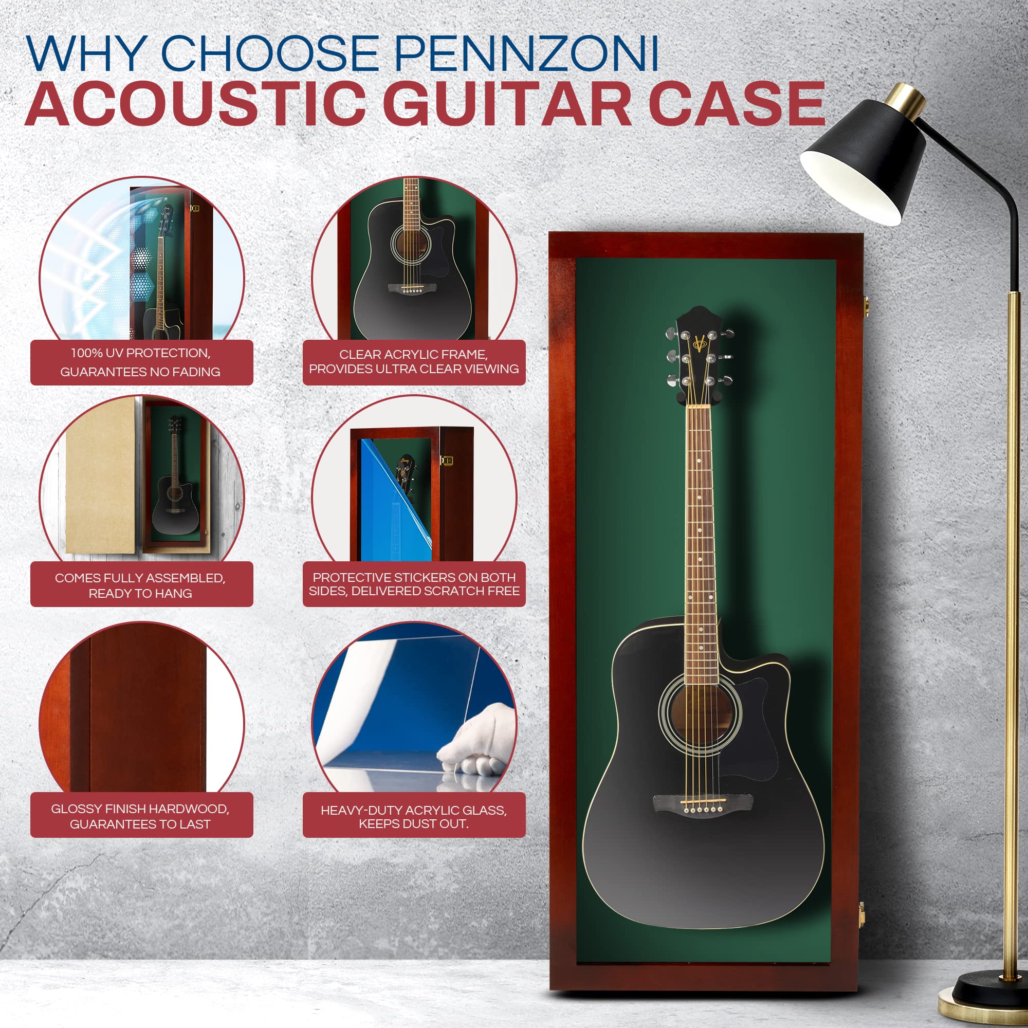 PENNZONI Acoustic Guitar Display Case - Acrylic Acoustic Guitar Case - Guitar Display Case Wall Mount Made from Hardwood Frame &