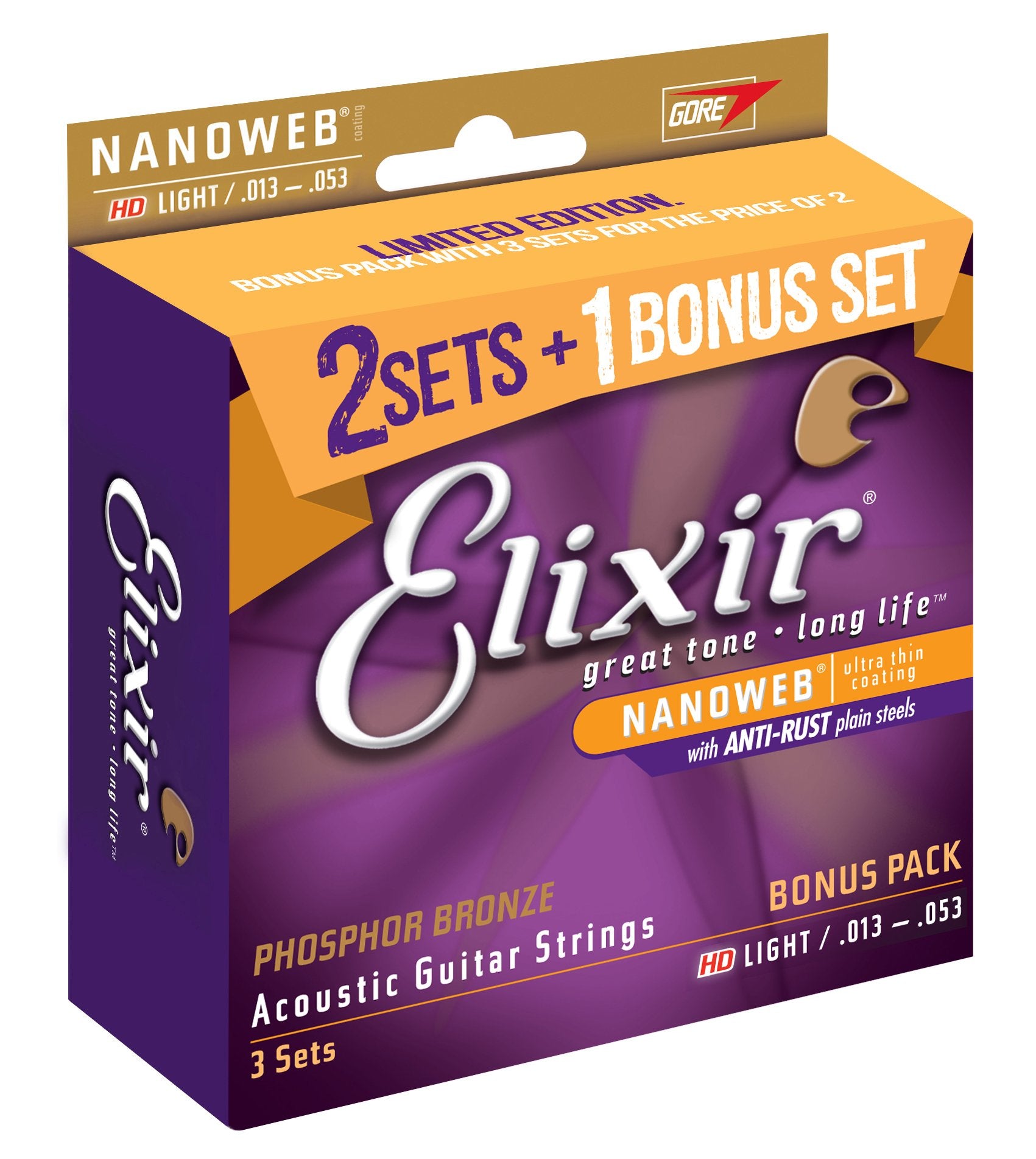 Elixir Strings 16547 Acoustic Phosphor Bronze Guitar Strings with NANOWEB Coating, 3 Pack, HD Light (.013-.053)