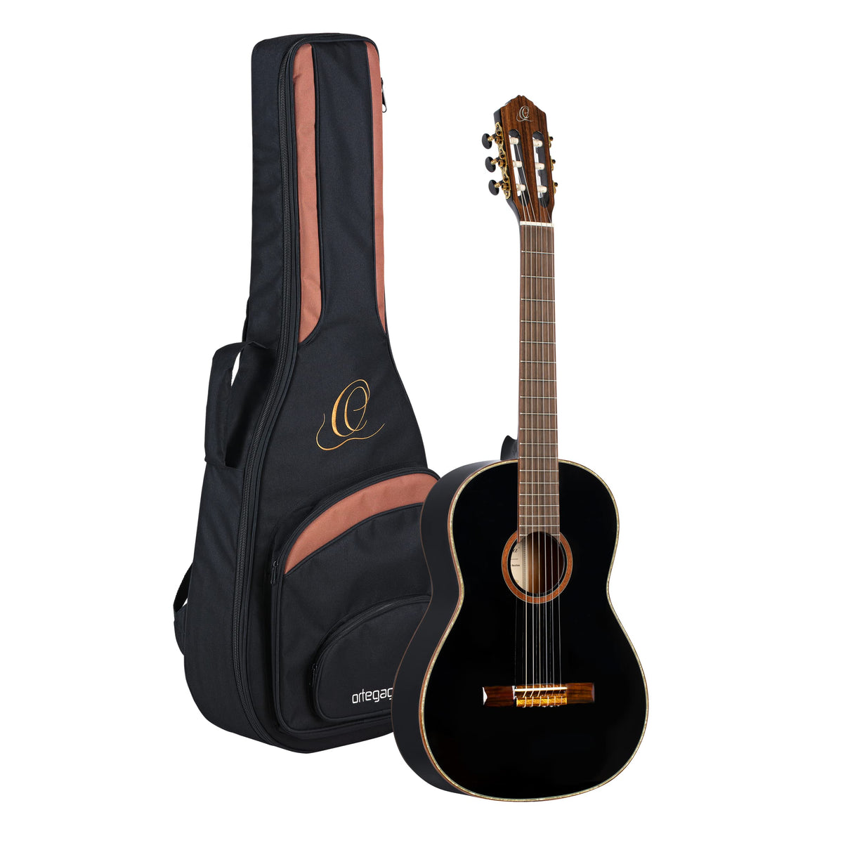 Ortega Guitars 6 Family Series Full Size Slim Neck Nylon String Classical Guitar W/Bag, Right, Spruce Top-Black-Gloss, (R221Bk)