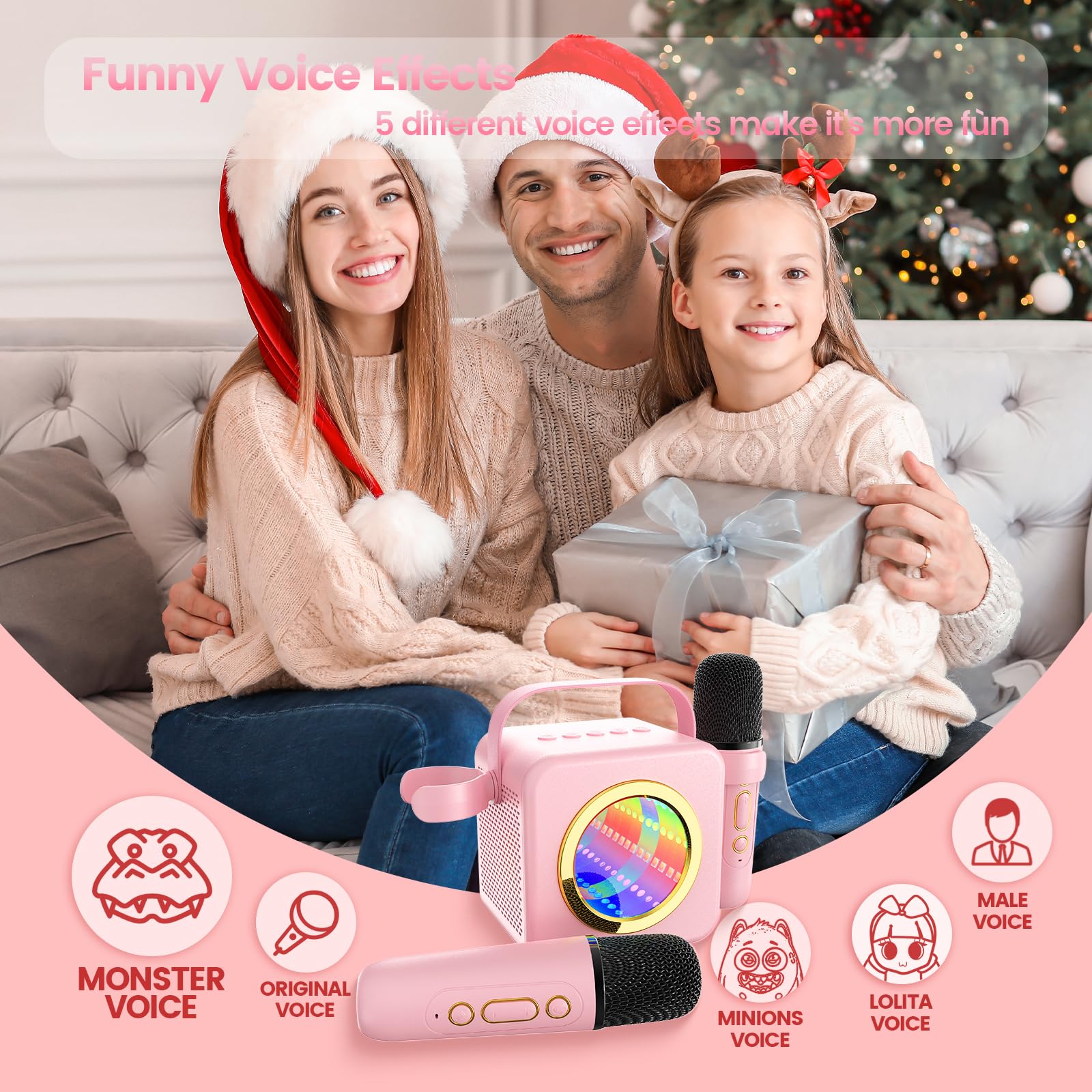 XWIT Karaoke Machine Gifts for Kids Adults: Mini Karaoke Speaker Machine with Wireless Microphones Colorful LED Light Christmas