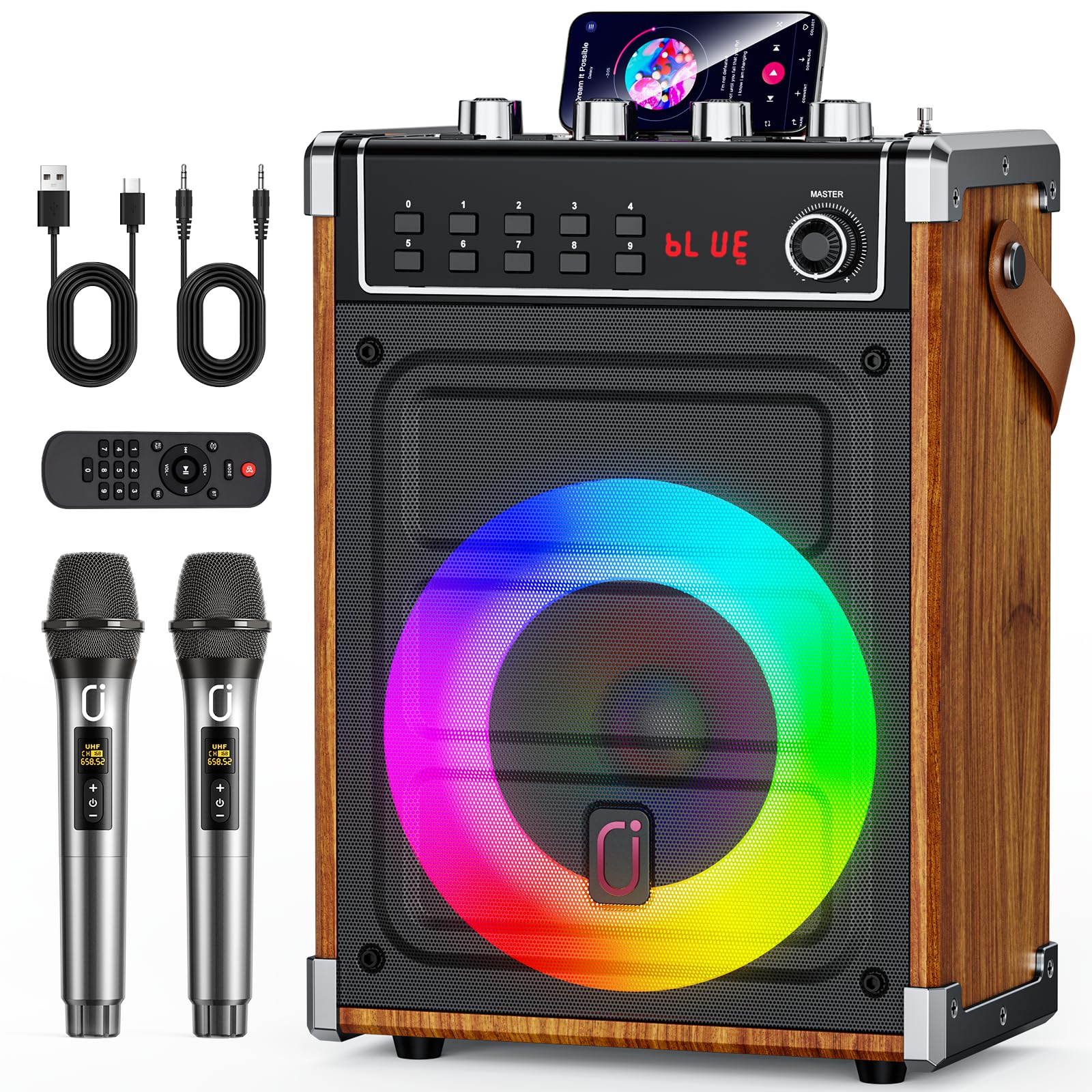 Jyx Best Portable Karaoke Speakers With 2 Uhf Wireless Microphones System, Bass/Treble/Echo Bluetooth Outdoor Sound Box With Led