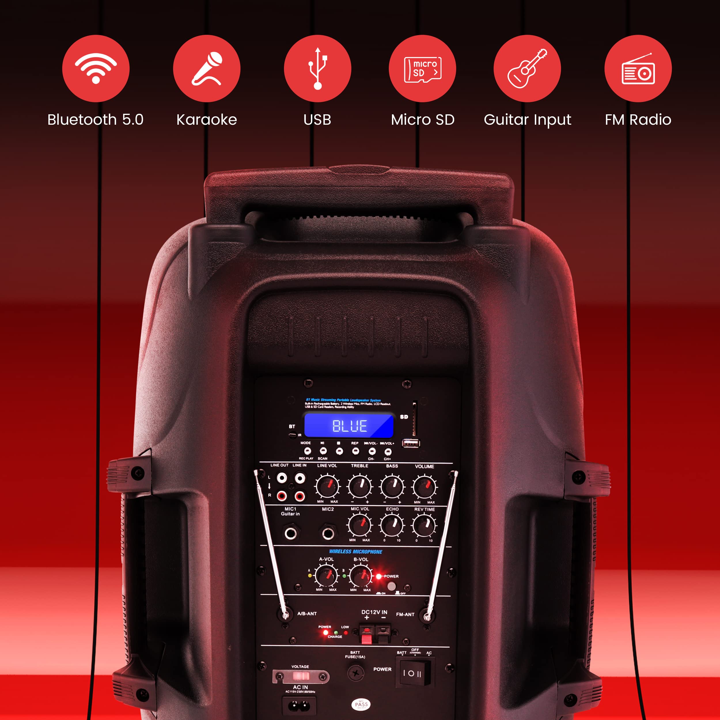 Pyle 1600 Watt, 15'' Bluetooth PA Speaker-Indoor/Outdoor Portable Sound System with (2) UHF Wireless Microphones Rechargeable Ba